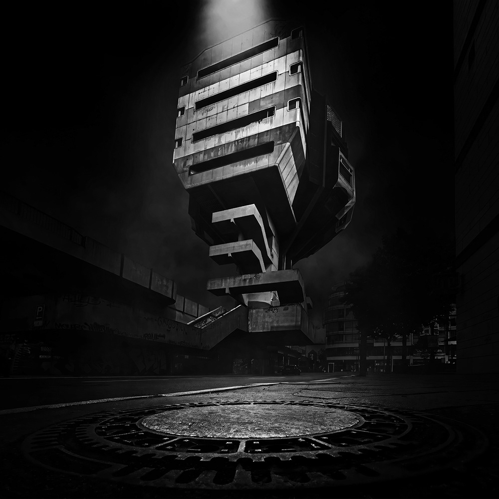 Black and white photograph of the Carefully Balanced - Bierpinsel - Steglitz - Berlin - Germany