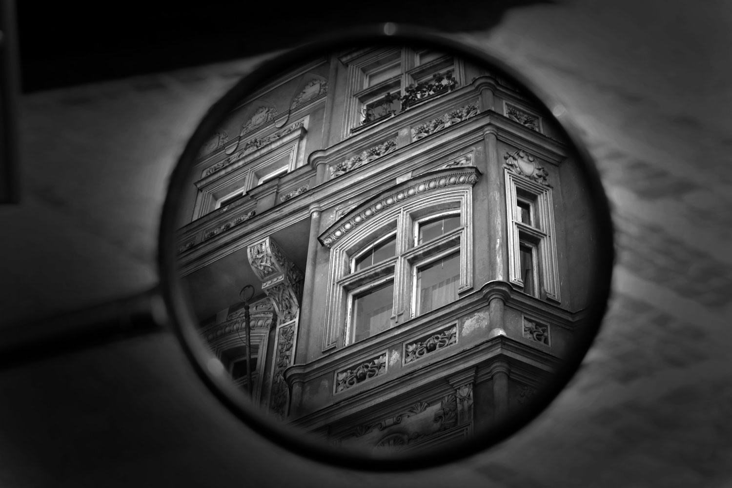 Black and white photograph of Bicycle Reflection of Buildings in Mirror - Leipzig - Germany