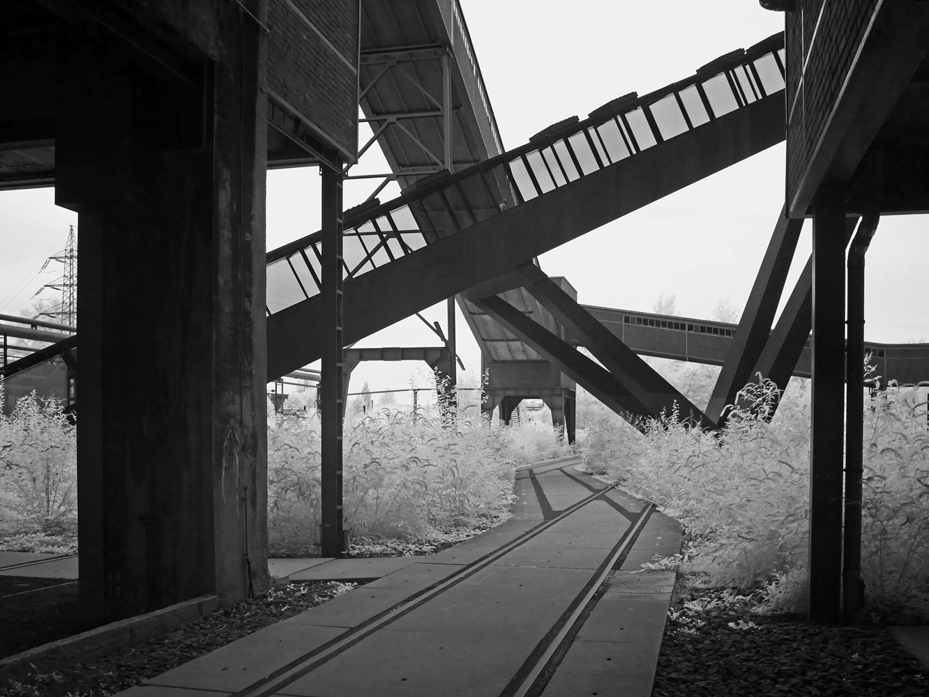 Infrared black and white photograph of the remains of the former coal mine Zeche Zollverein Essen Germany