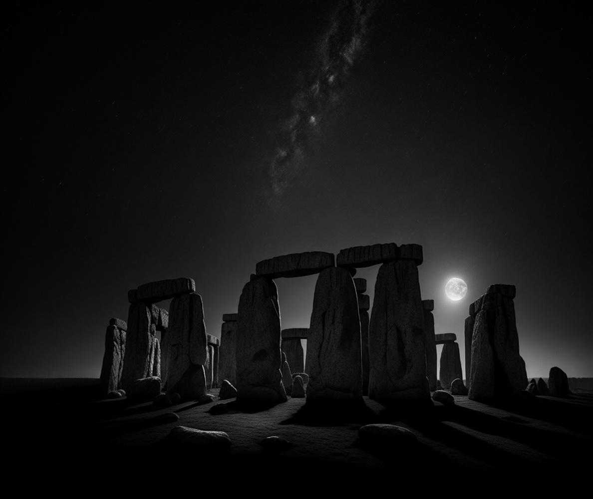 A black nd white night image of stonehenge with a full moon rising behind the standing stones.