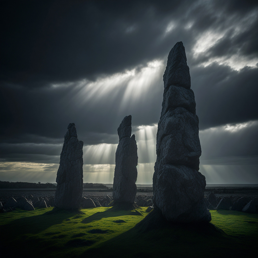 Standing stones in a stormy landscape.