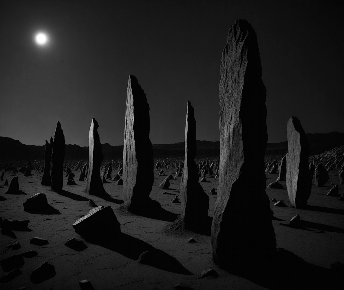 Full moon rising over standing stones.