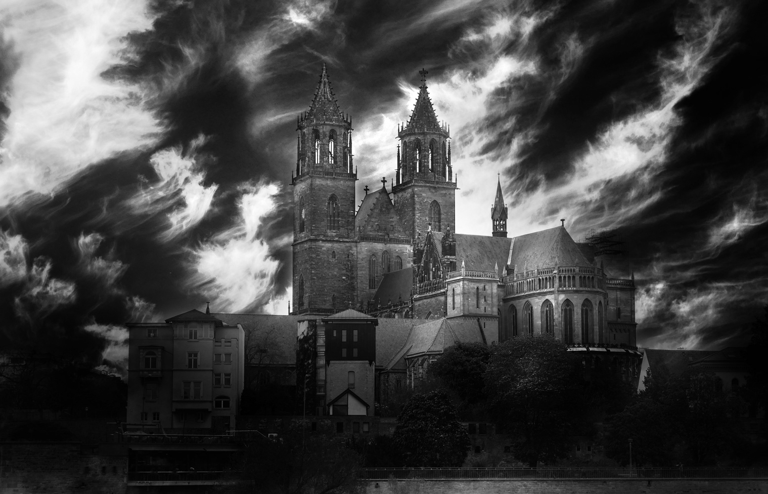 Black and white infrared photograph of Magdeburg Cathedral in Germany