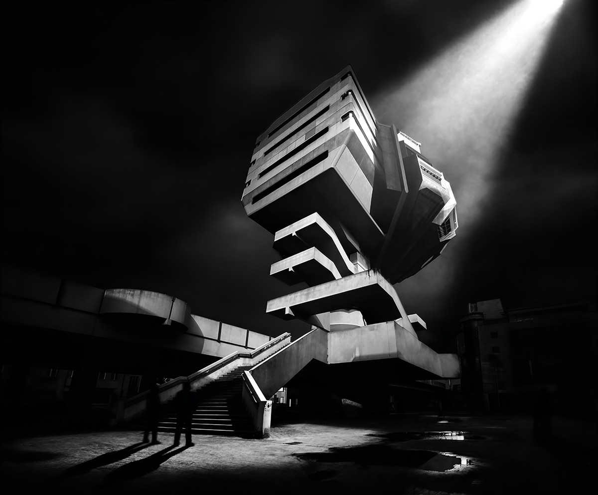 Black and white photograph of the Bierpinsel, Berlin, Germany