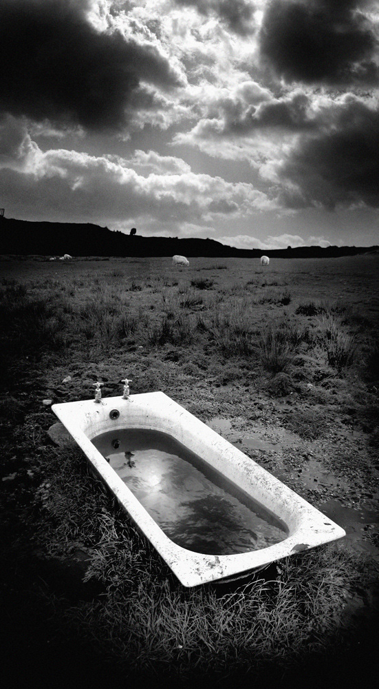 Black and white photograph of a bath in the middle of a field, Wales, UK