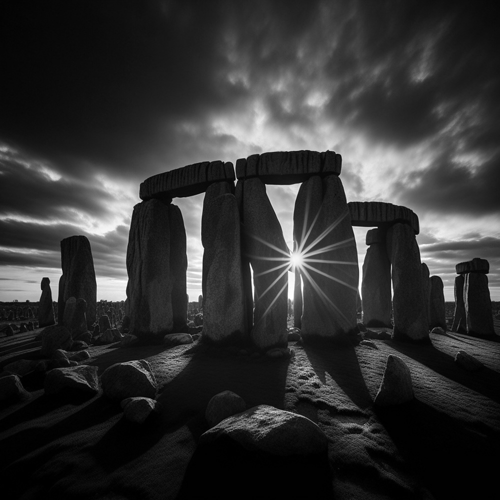 Black and white photograoh of sun rising on midsummer's day at Stonehenge.
