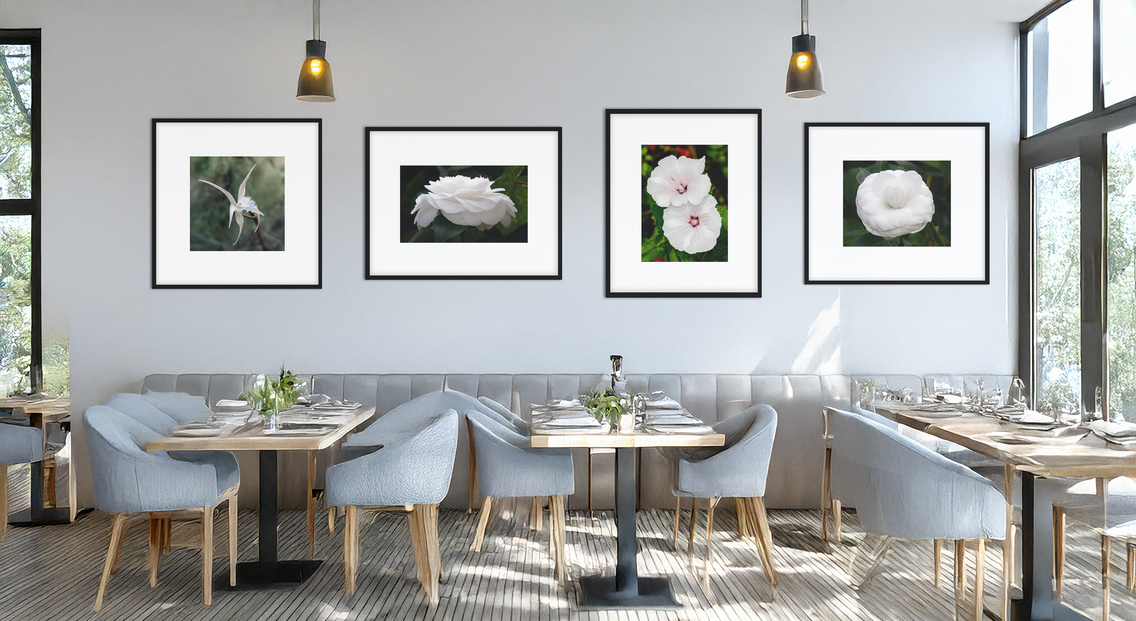 Bright and Airy Restaurant with White Botanical Prints