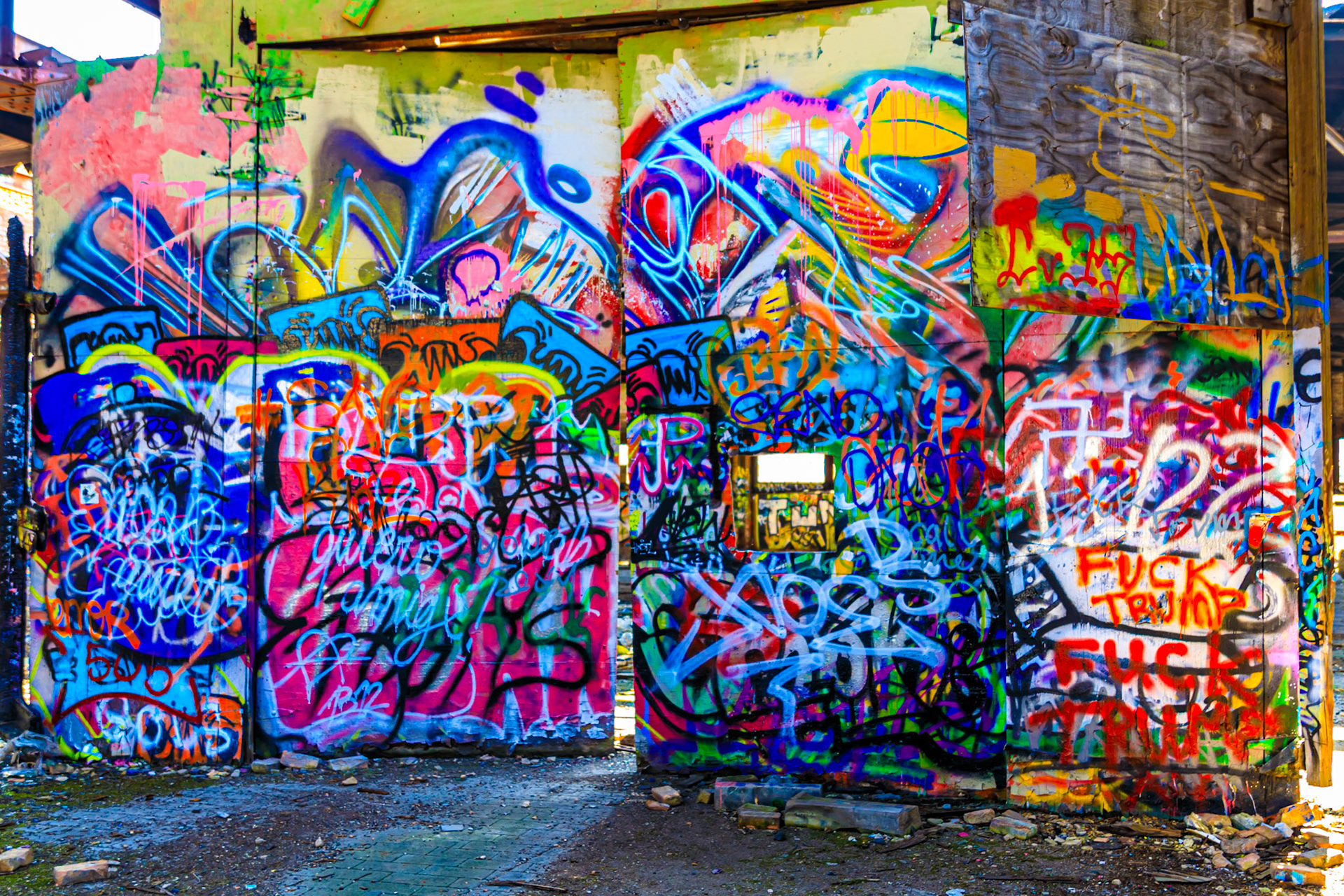 A wall of graffiti in an abandoned grain plant