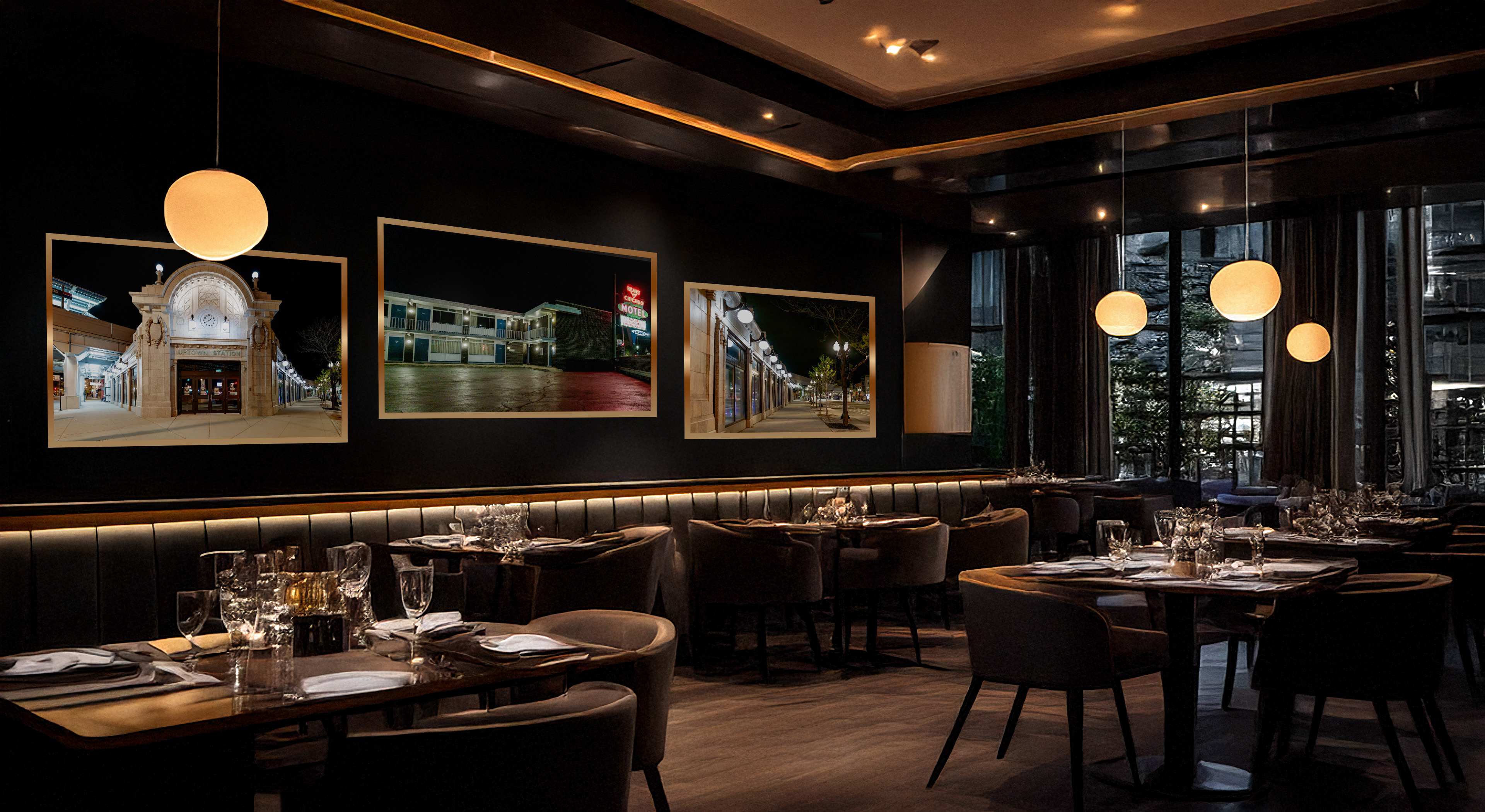 Modern Romantic Restaurant with Nighttime Prints