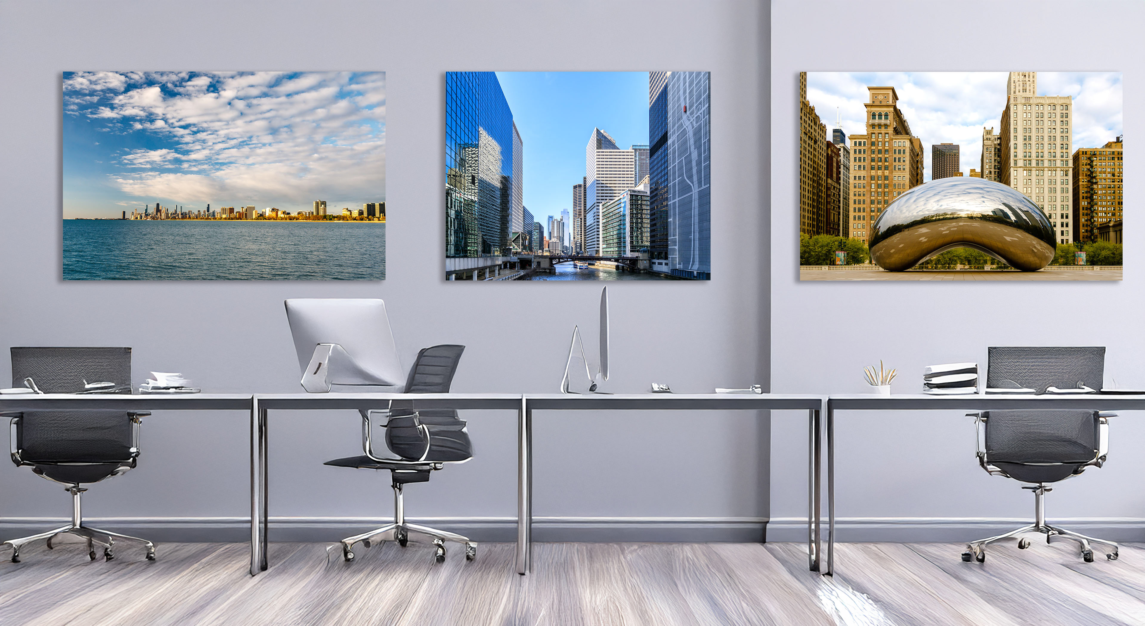 A Chicago Office Featuring scenes of the City in Floating Frames