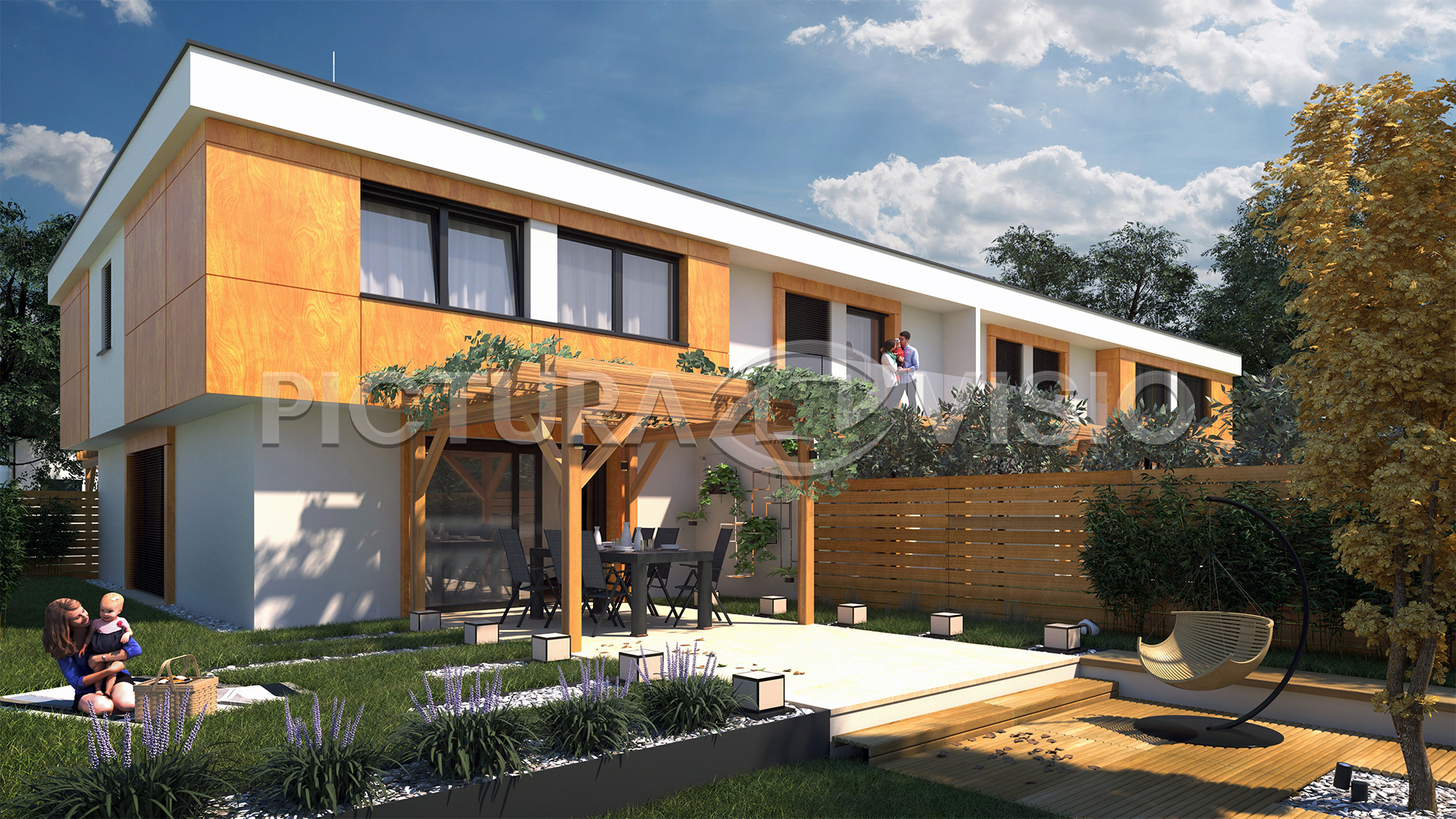 3D vizualizace souboru rodinných domů v Jihomoravském kraji, zobrazená ze zahrady během letního dne, s důrazem na moderní architekturu a venkovní prostor.