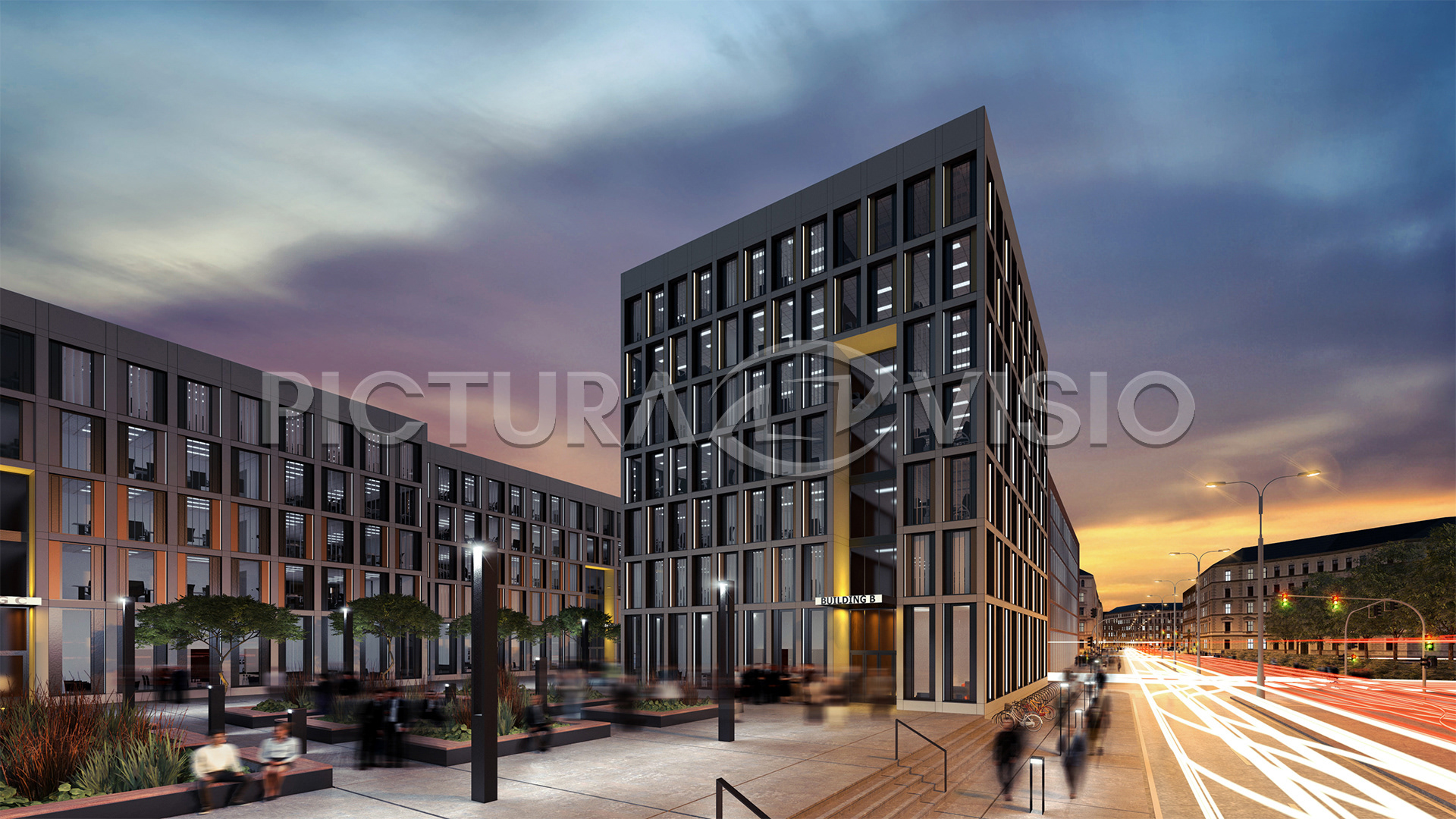 Fotorealistická 3D vizualizace moderní administrativní budovy v Praze po soumraku, zachycená časosběrným záběrem s kontinuálními světelnými čarami aut a rozmazaným pohybem chodců.