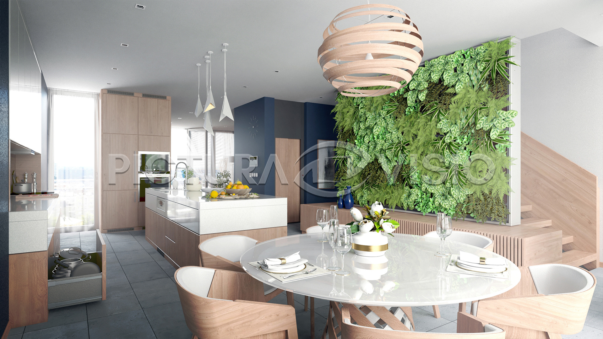 Fotorealistická 3D vizualizace moderního mezonetového bytu v Brně, zobrazující jídelní stůl, kuchyni a schodiště s výtahem, v designu světlého dřeva a jemných béžových tónů.