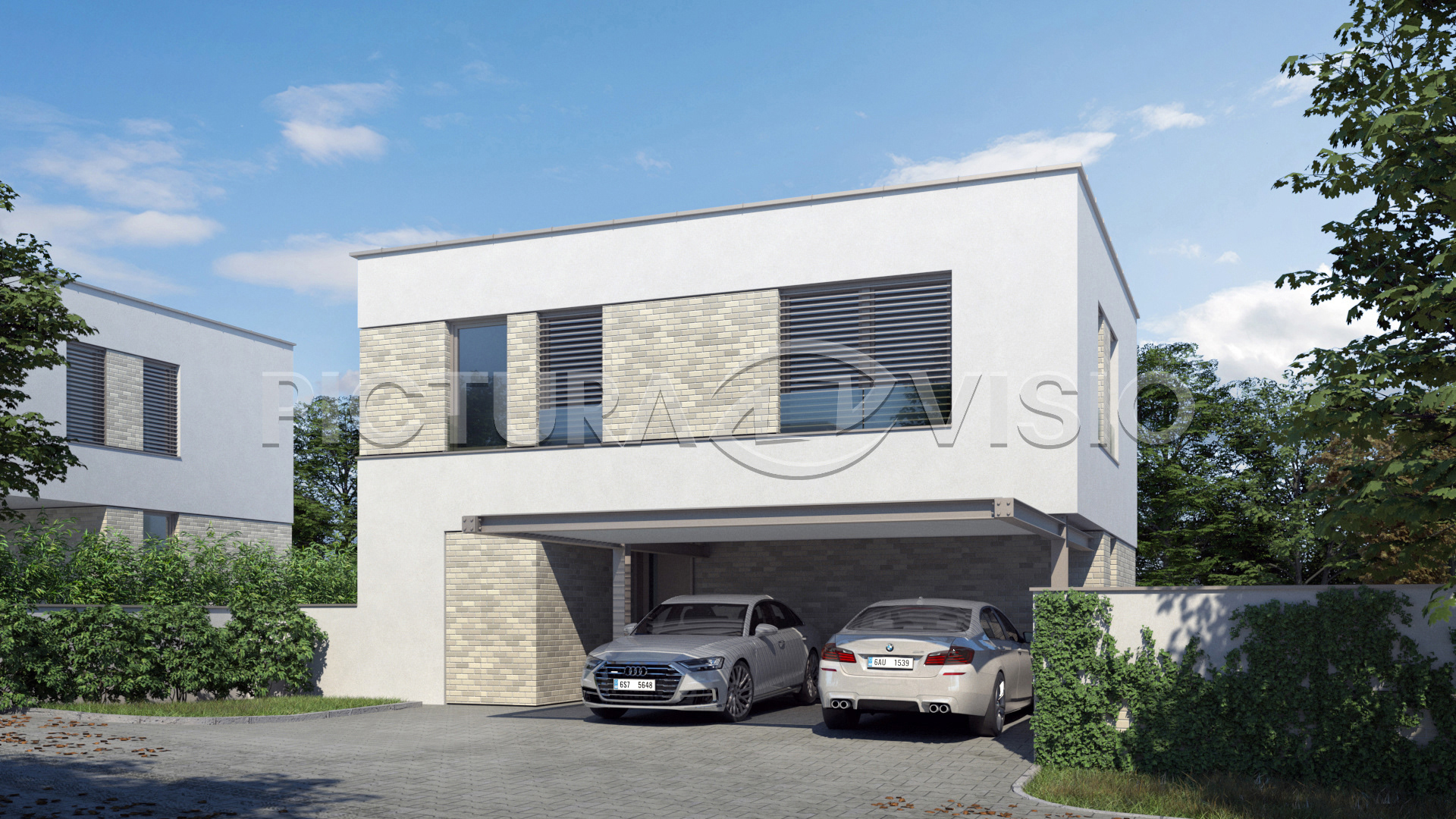 3D vizualizace rodinného domu typu B v Kutné Hoře, zobrazující pohled z ulice s parkovacím stáním a moderní architekturou přizpůsobenou městskému prostředí.