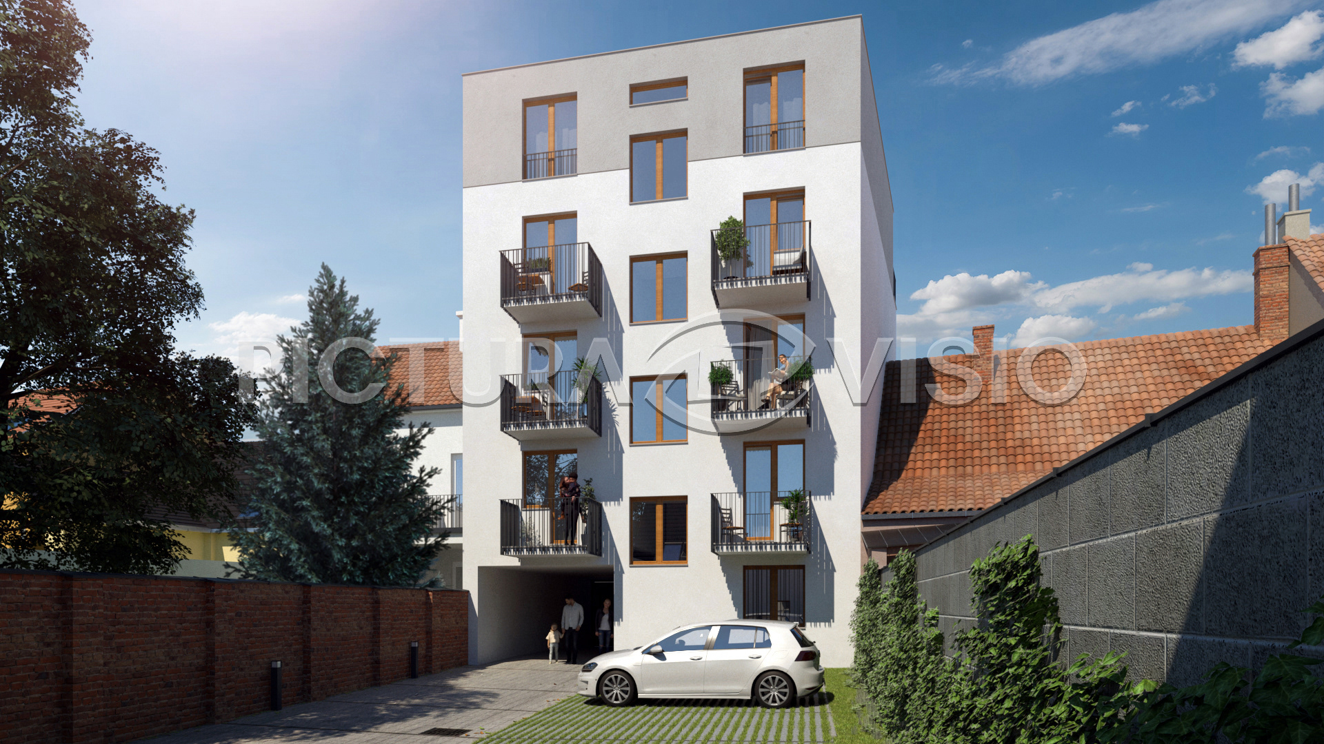 3D vizualizace bytového domu v Brně, zachycená ze dvora s parkovacím stáním, zdůrazňující propojení mezi funkcionalitou a estetikou.