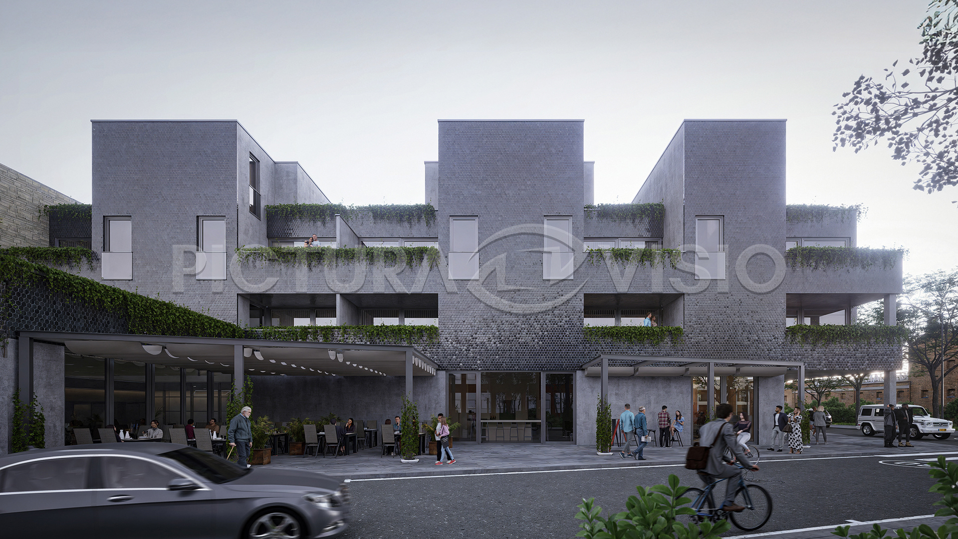 Fotorealistická 3D vizualizace čtyřpodlažního bytového domu v Utrechtu, Nizozemsko, s fasádou z keramického mozaikového obkladu, velkorysými zelenými terasami a čelním jednouběžníkovým pohledem v HDR tónu.