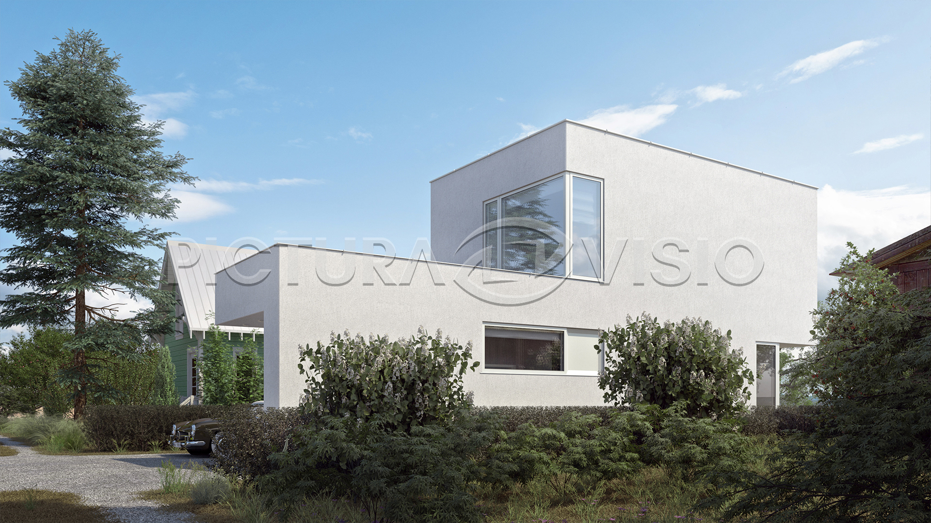 Vizualizace boční strany moderního letního domku s minimalistickou architekturou, obklopeného žlutou suchou trávou v parném letním dni, zdůrazňující jednoduchost a propojení s přírodou.