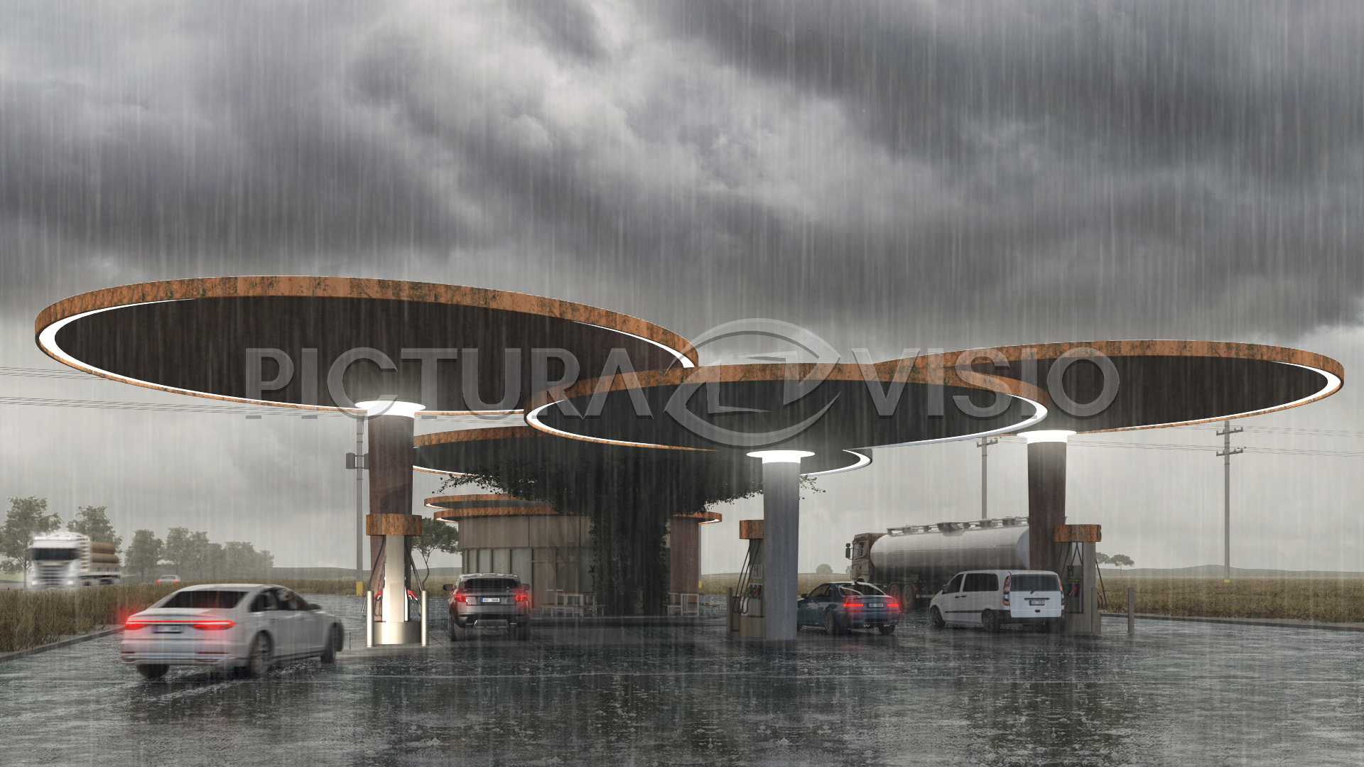 3D vizualizace čerpací stanice v Jihomoravském kraji, zobrazující pohled od příjezdu během silného deště, s okolními poli plnými obilí.
