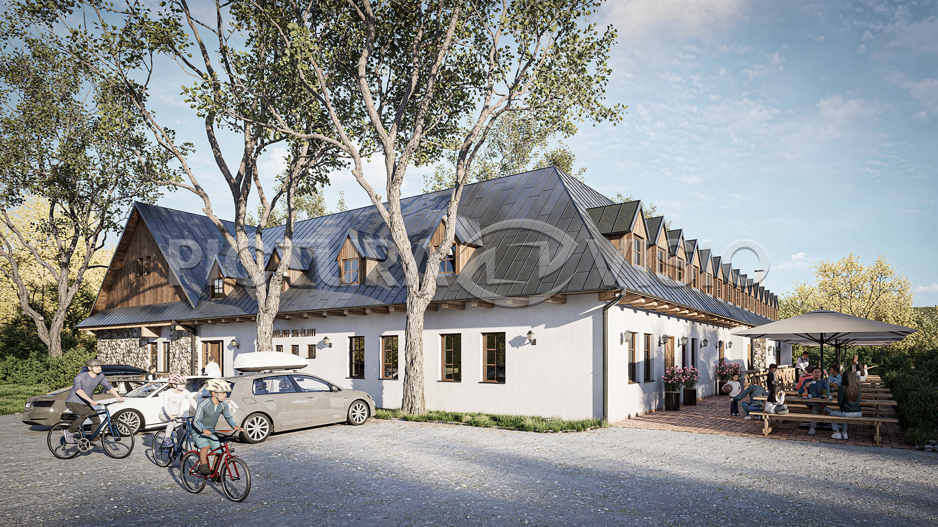 3D vizualizace rekreačního zařízení v Kraji Vysočina během pozdního léta až podzimu, zaměřená na budovu s přilehlou zahrádkou restaurace, obklopenou přírodou.