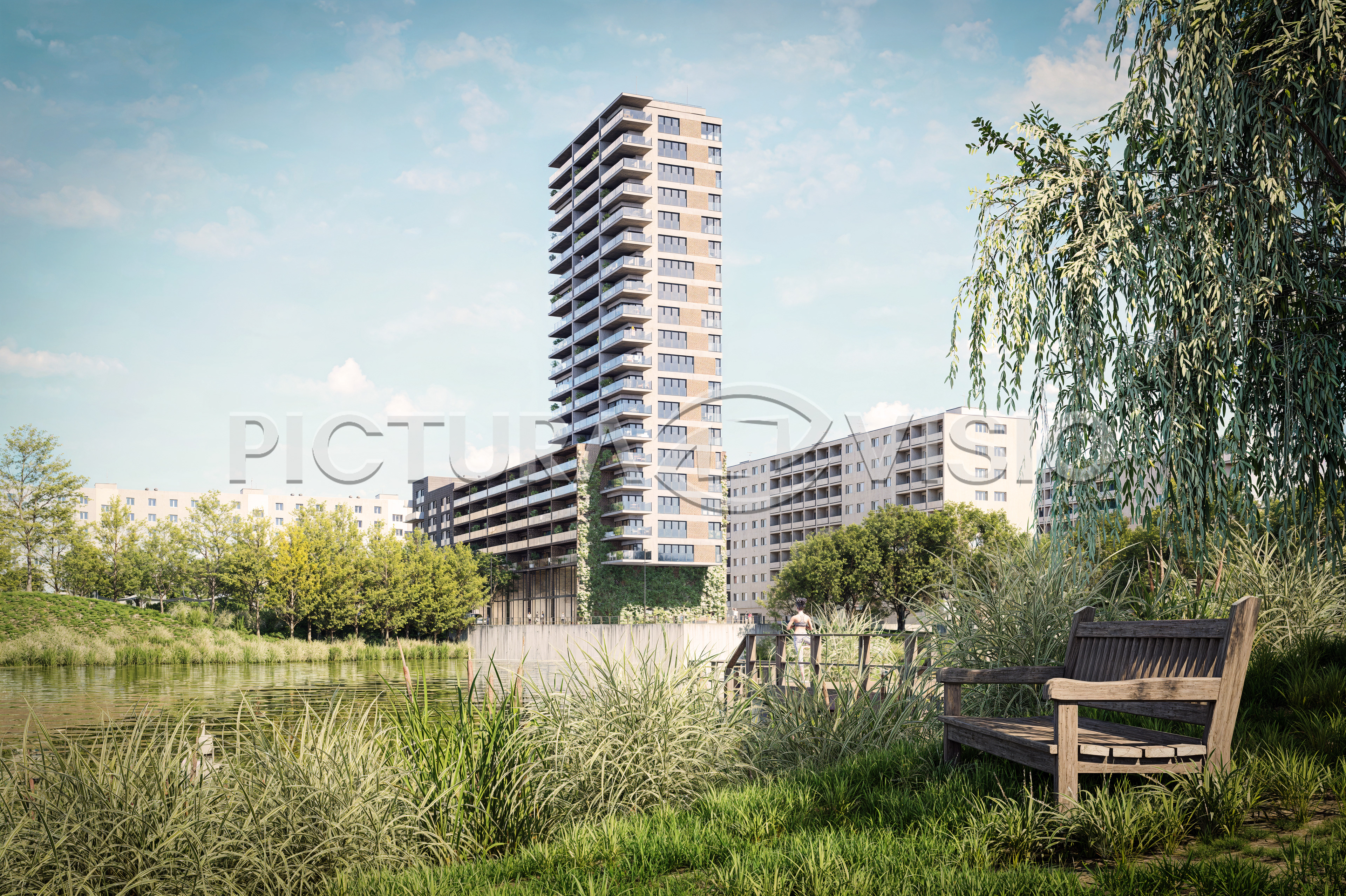 Fotorealistická 3D vizualizace výškové budovy polyfunkčního objektu v Bratislavě, zachycená z pohledu od místního rybníka, kde moderní architektura kontrastuje s přírodní scenérií.