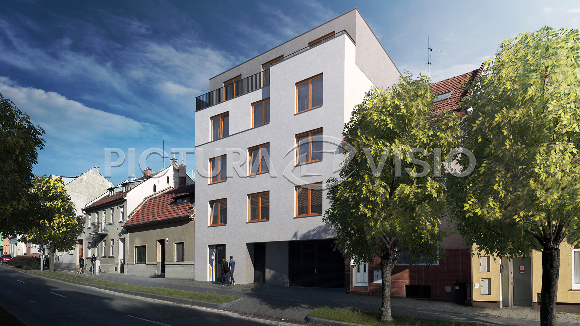 Fotorealistická 3D vizualizace bytového domu v Brně, zakreslená do reálné fotografie z ulice, ukazující moderní architekturu v kontextu stávající zástavby.