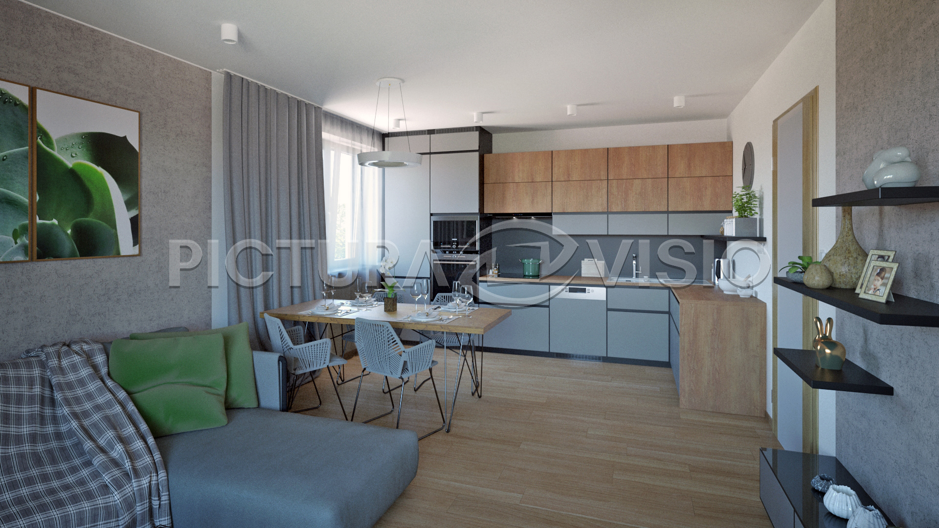 Fotorealistická vizualizace moderní kuchyně s jídelním stolem v rezidenční čtvrti Svatá Anna, zdůrazňující čisté linie, kvalitní materiály a funkčnost.