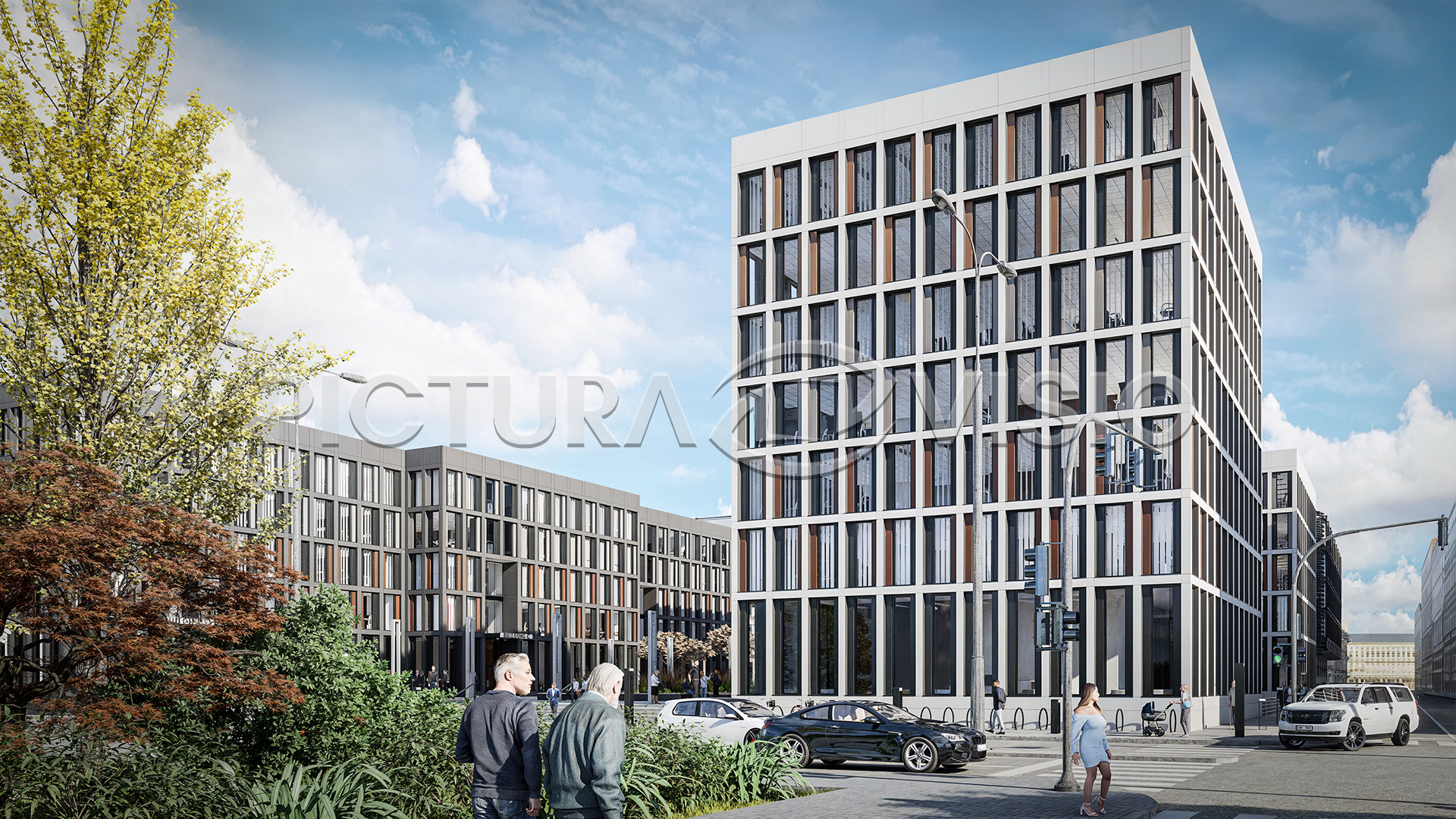 3D vizualizace administrativní budovy v Praze z denního pohledu na křižovatce, zdůrazňující moderní architekturu a městské prostředí.