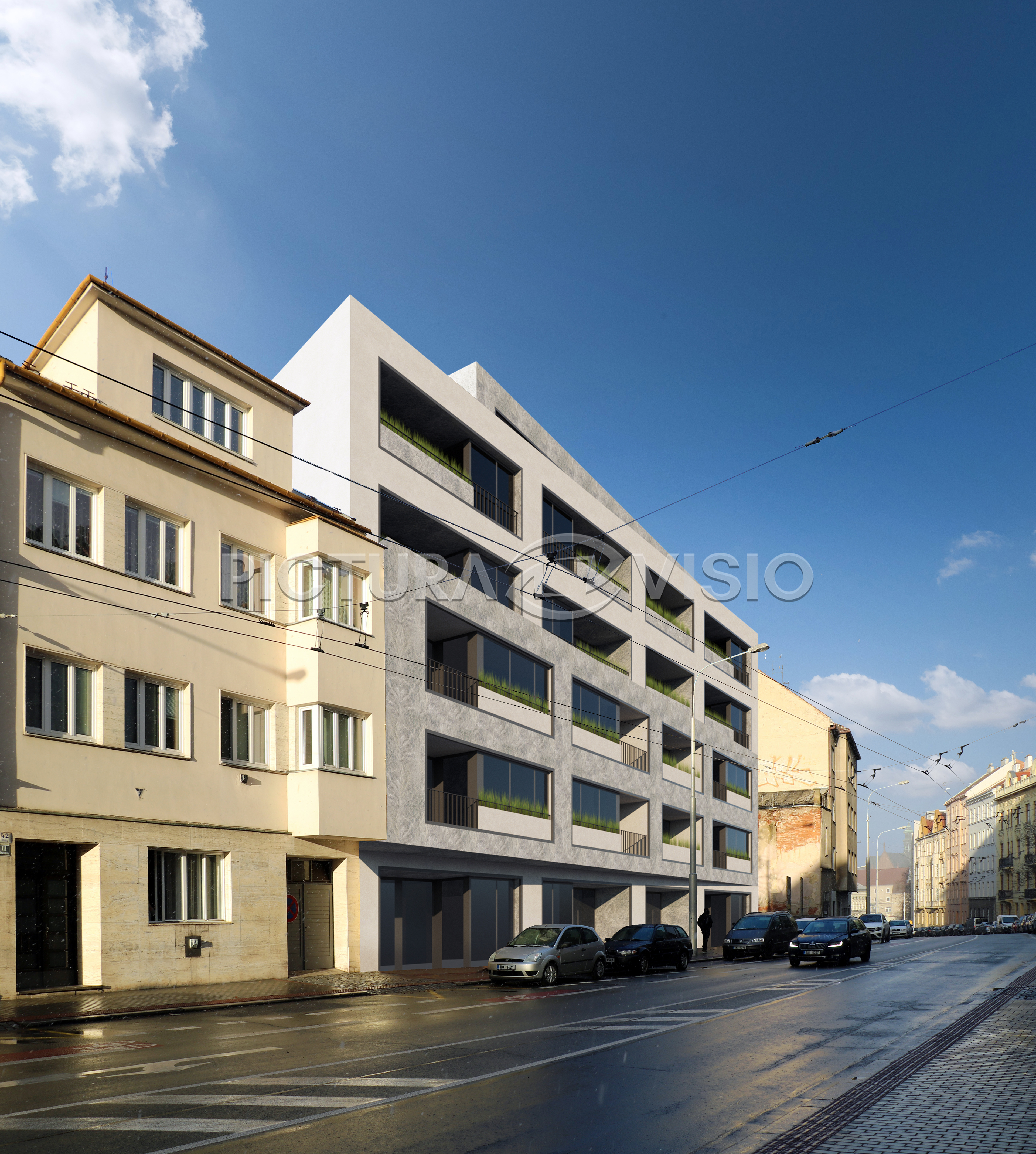 Zakreslená 3D hmotová studie polyfunkčního domu v Brně, pohled z ulice směrem k centru města, prezentující urbanistické začlenění do stávající zástavby.