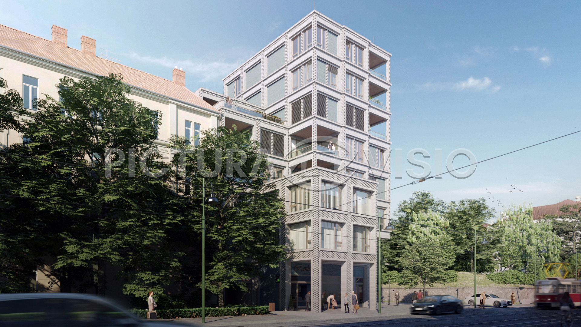 Vizualizace polyfunkčního objektu v Praze z ulice za denního světla, ukazující detaily moderní fasády a urbanistického zasazení budovy.