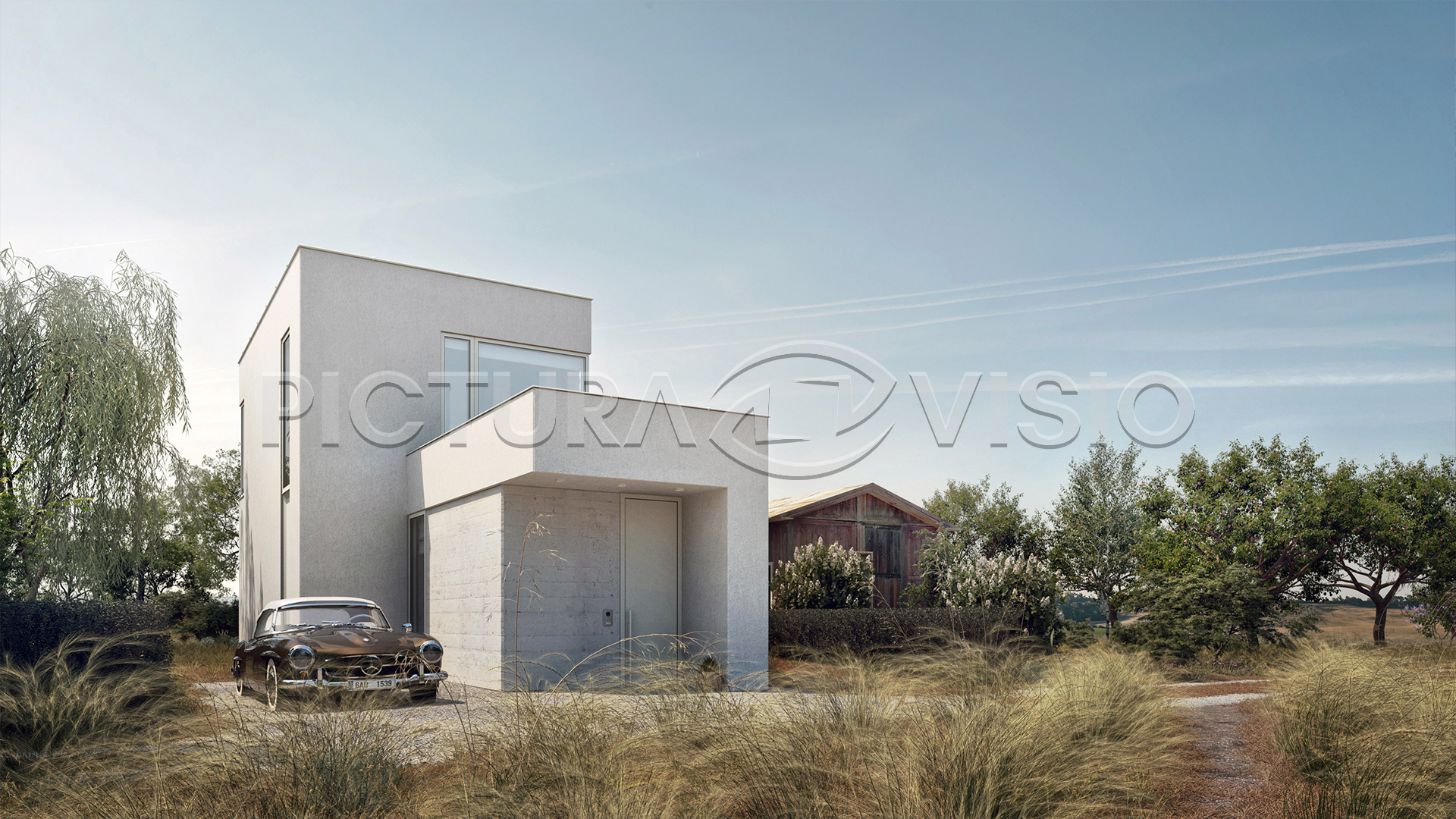 3D vizualizace zadní strany moderního letního domku, zachycující minimalistický design a okolní suchou žlutou trávu v horkém letním dni, s důrazem na praktický vstup a parkovací plochu.