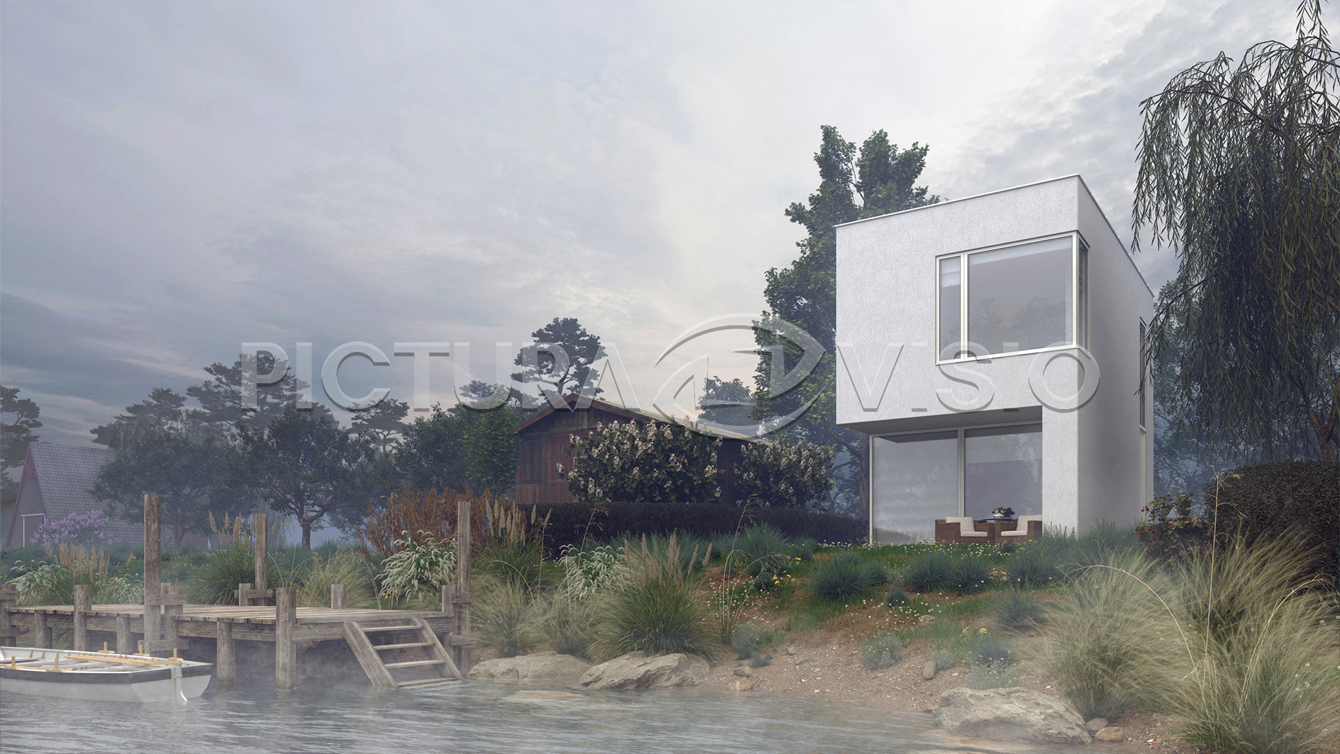 Fotorealistická 3D vizualizace moderního letního domku v minimalistickém stylu, zasazeného do ranního oparu nad rybníkem, s jemnou mlhou a klidnou atmosférou.