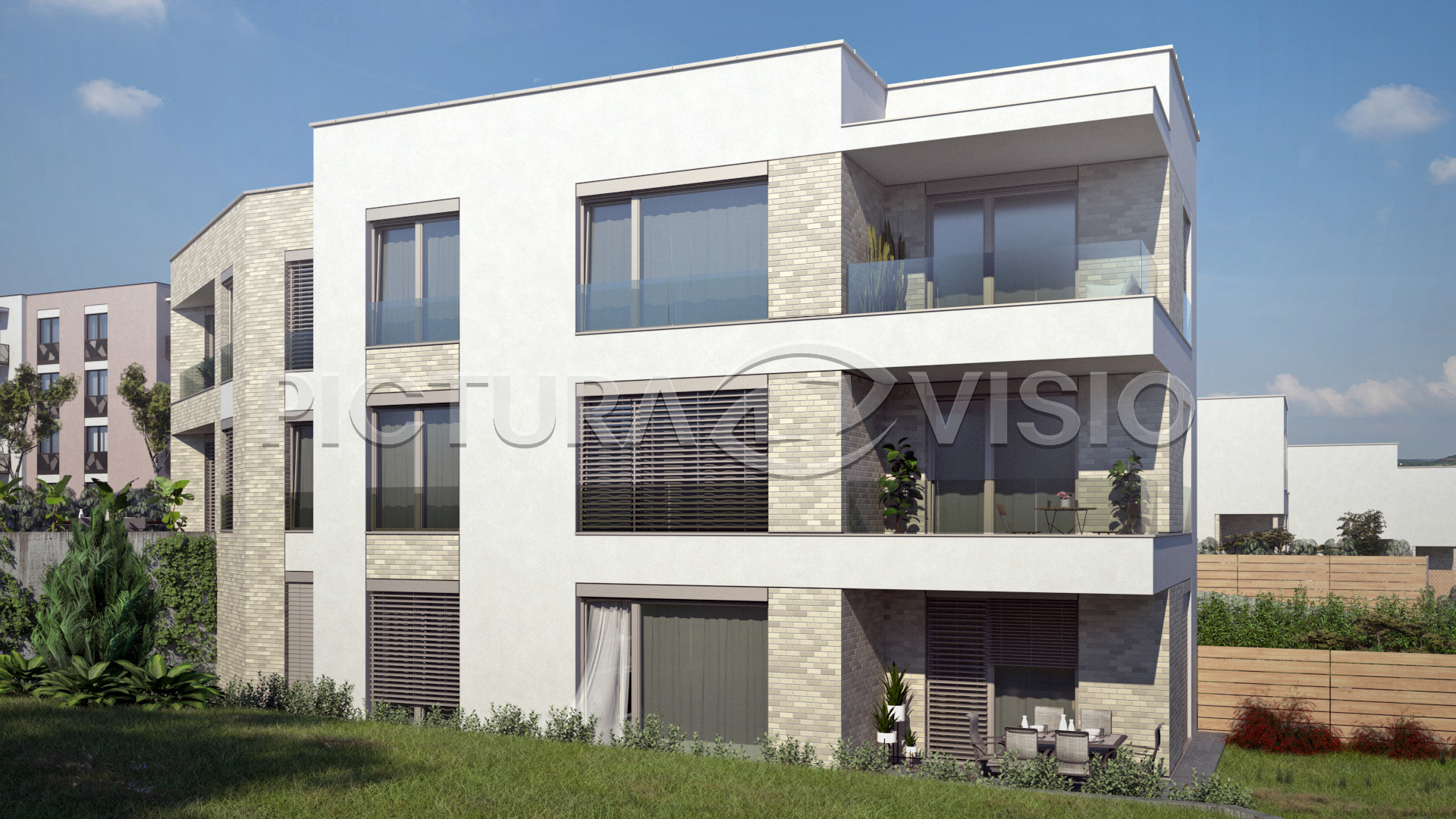 Vizualizace viladomu v Kutné Hoře, zachycená za letního dne ze zahrady z boční strany, ukazující detaily moderní fasády a harmonii s okolím.