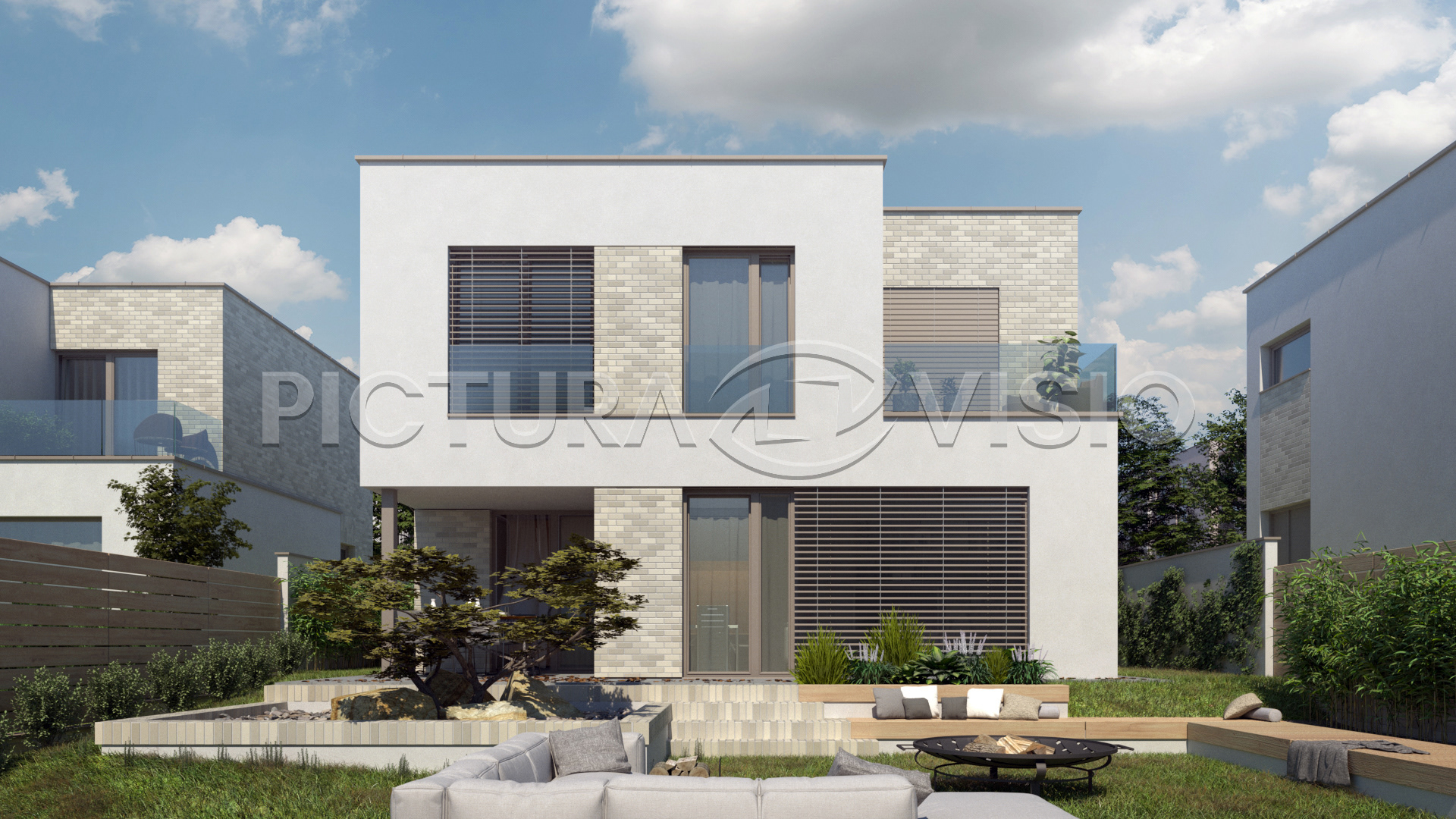 Fotorealistická 3D vizualizace rodinného domu typu A v Kutné Hoře, zachycená z čelního jednouběžníkového pohledu ze zahrady, zdůrazňující moderní design a venkovní prostor.
