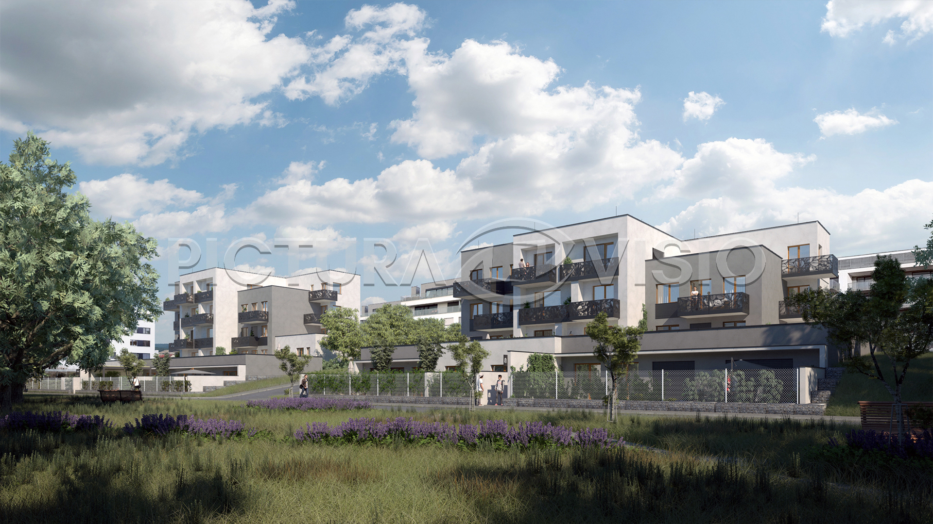 Fotorealistická 3D vizualizace bytových domů v Brně, zachycená z čelního pohledu z protějšího parku, zdůrazňující členitou architekturu a propojení s přírodním prostředím.