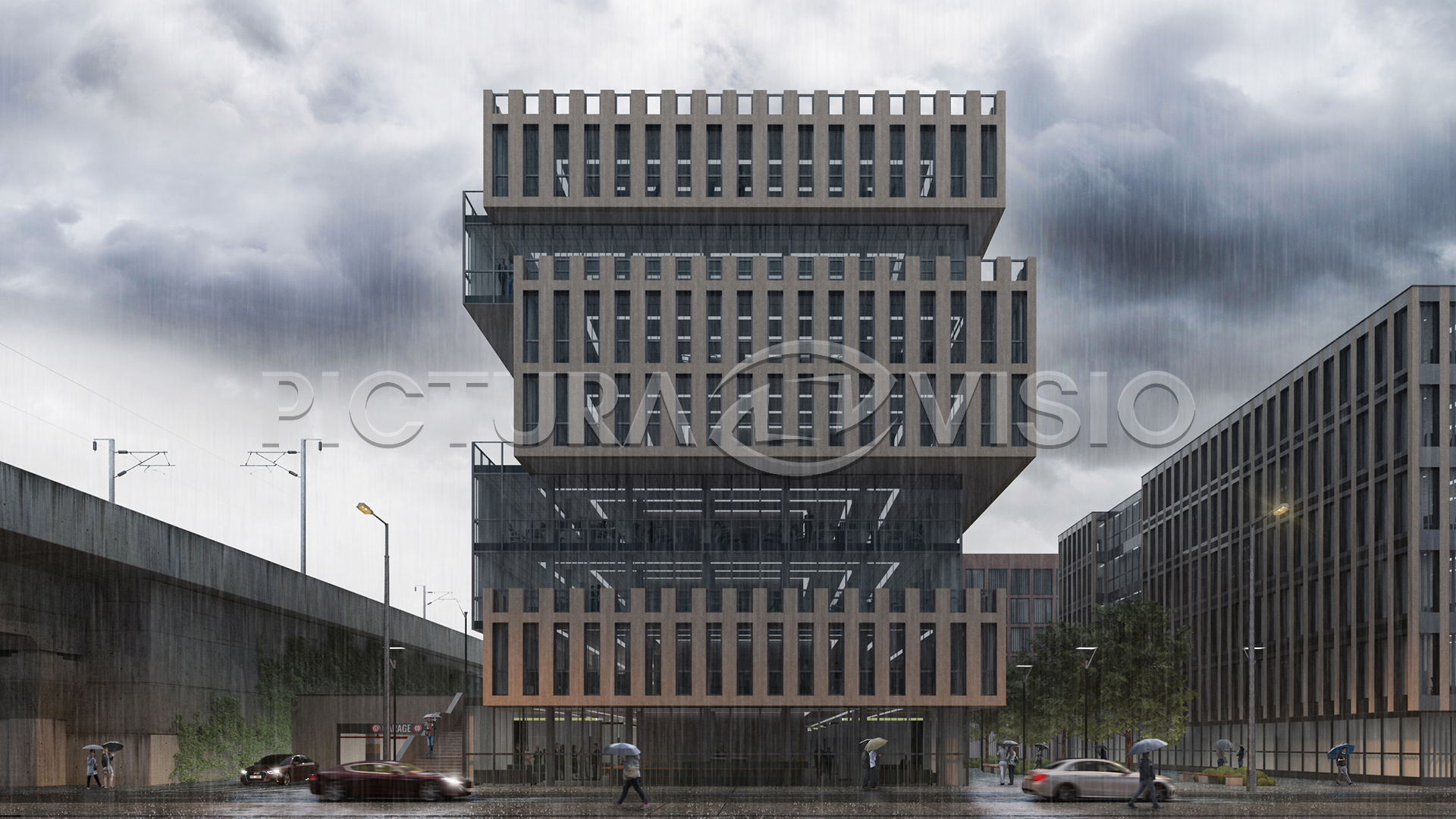 Fotorealistická 3D vizualizace moderní kancelářské budovy ve Vídni během deštivé atmosféry, s jemným městským osvětlením, zdůrazňující čistý design a městské prostředí.