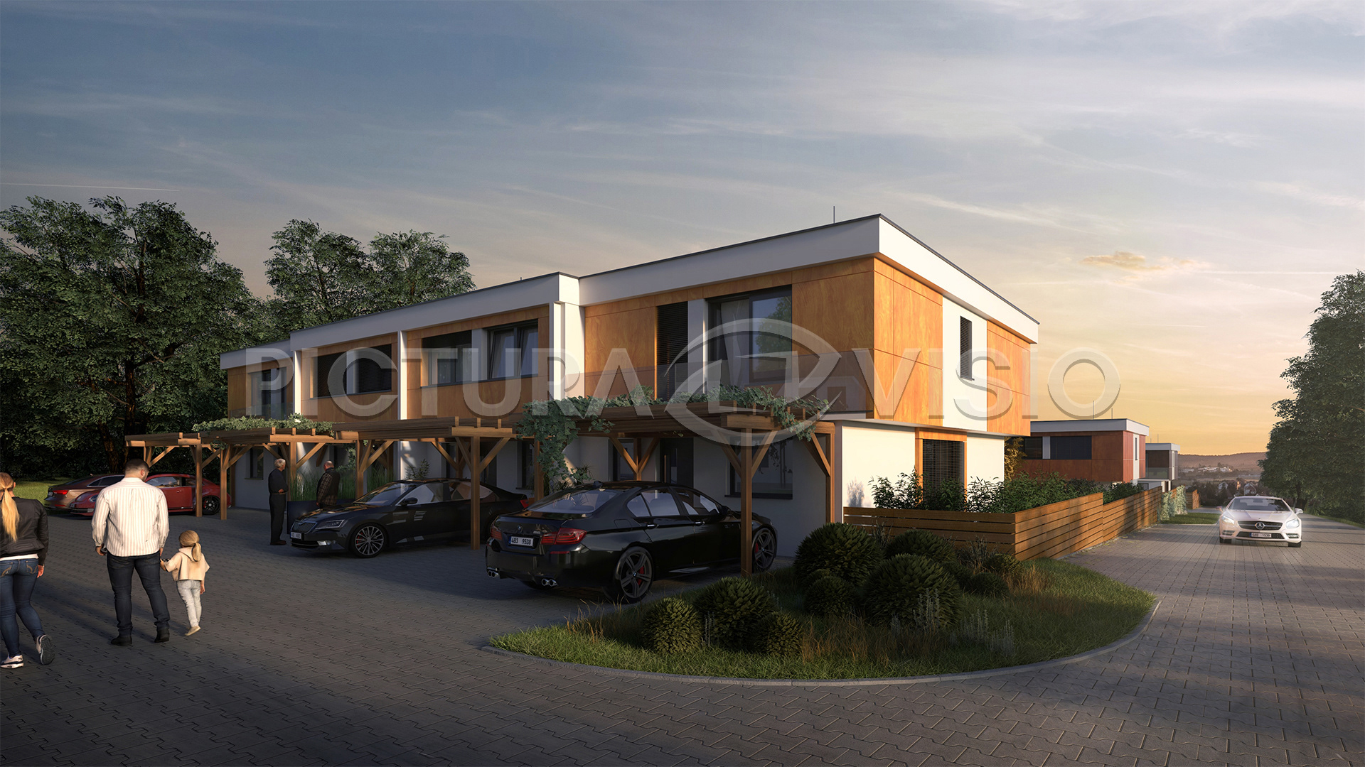 Fotorealistická 3D vizualizace souboru rodinných domů v Jihomoravském kraji, zachycená z ulice při západu slunce, s moderním designem, plochými střechami a dřevěnými obklady.