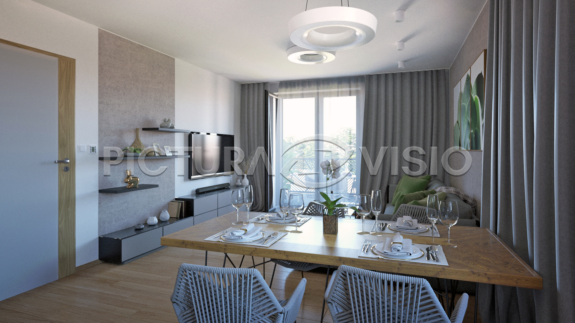 3D vizualizace moderního interiéru obývacího pokoje s jídelním stolem v rezidenční čtvrti Svatá Anna, s důrazem na světlý a elegantní design.