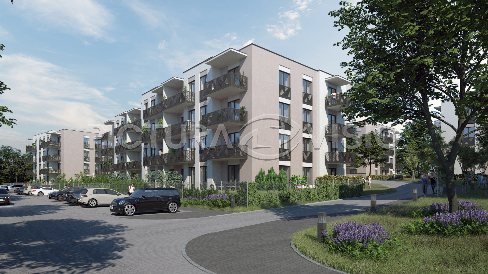 3D vizualizace objektu B v rezidenční čtvrti Svatá Anna, zachycená z bočního pohledu za denního světla, s důrazem na architektonické detaily a propojení s okolím.