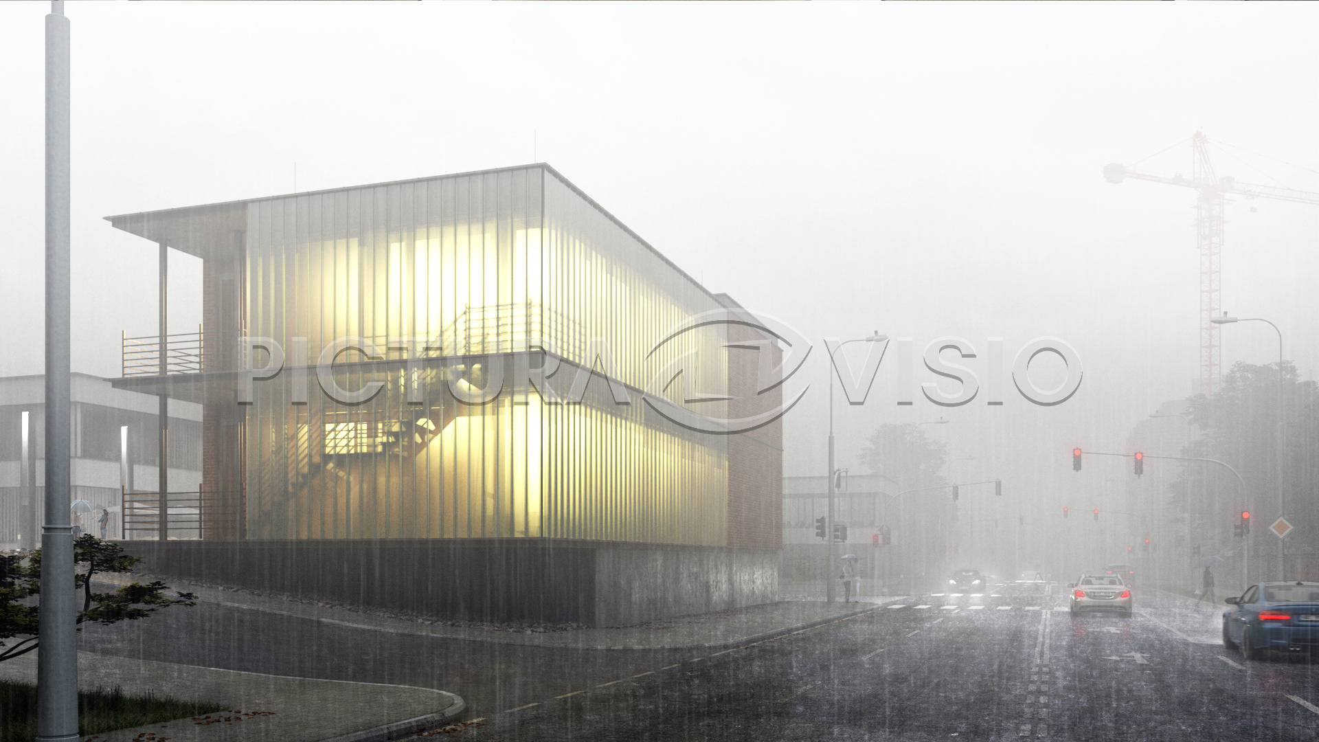 Fotorealistická 3D vizualizace rekonverze starého skladu na moderní administrativní budovu v Praze, zachycená během silného deště a mlhy s důrazem na prosvětlenou copilitovou fasádu a městské prostředí rušné ulice.