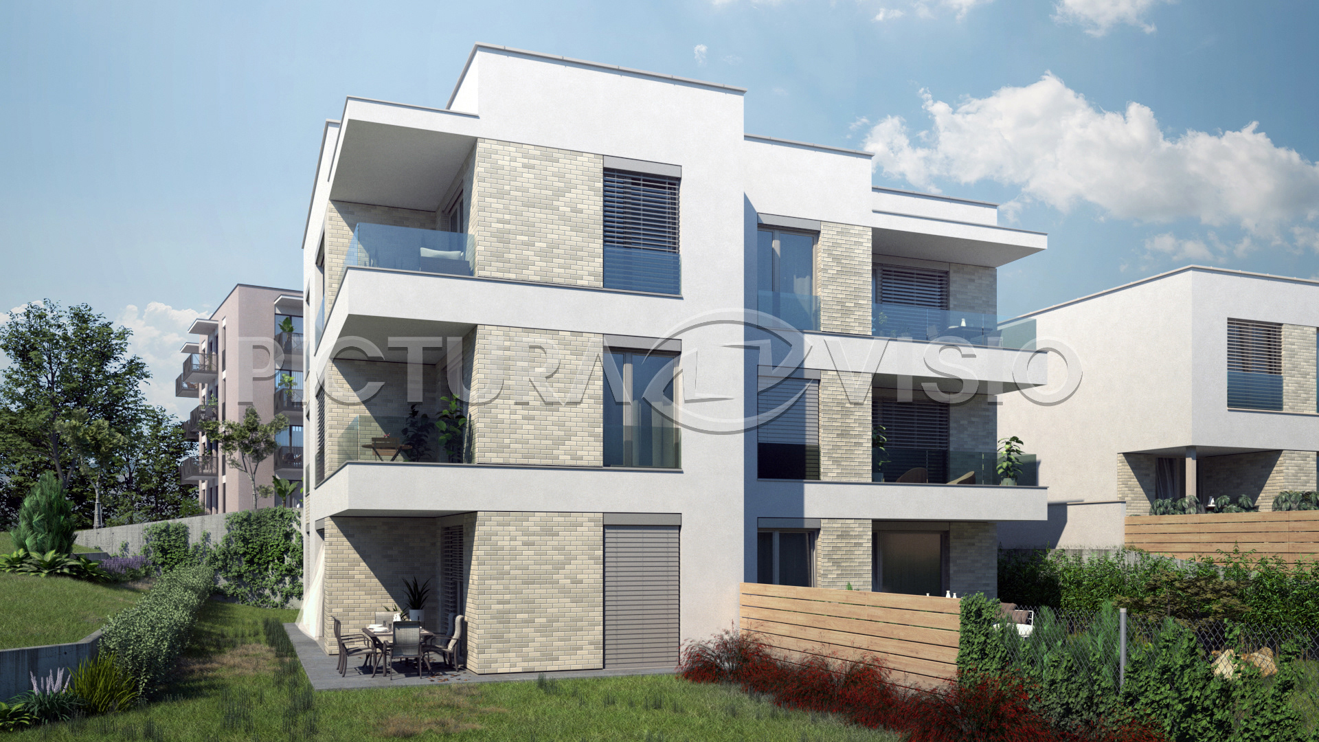 3D vizualizace viladomu v Kutné Hoře, zobrazená za slunečného dne z pohledu zahrady, s důrazem na elegantní design a propojení s venkovním prostorem.