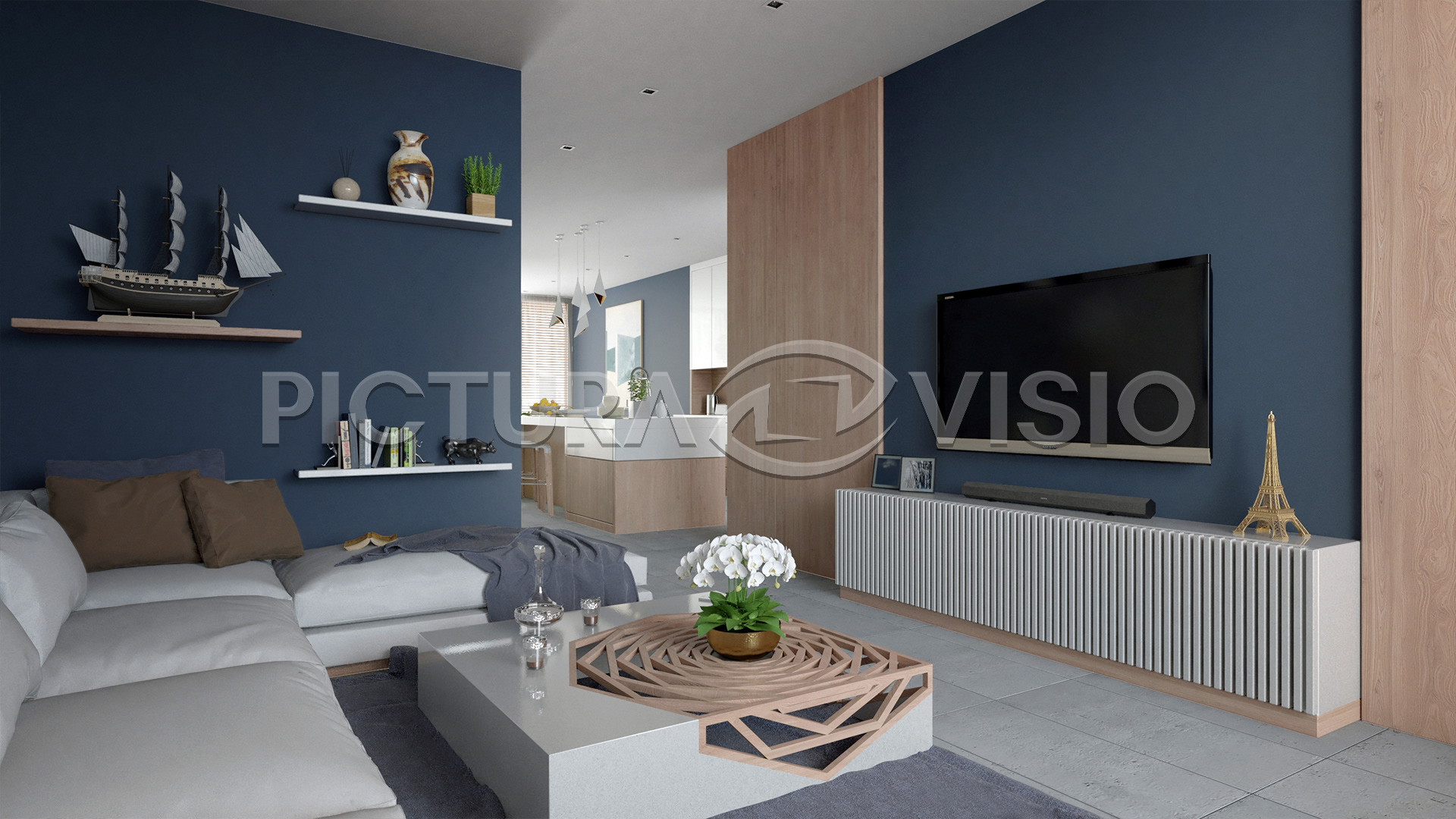 3D vizualizace moderního mezonetového bytu v Brně, zachycující obývací pokoj s obývací stěnou v minimalistickém stylu, s prvky světlého dřeva a přírodních barev.