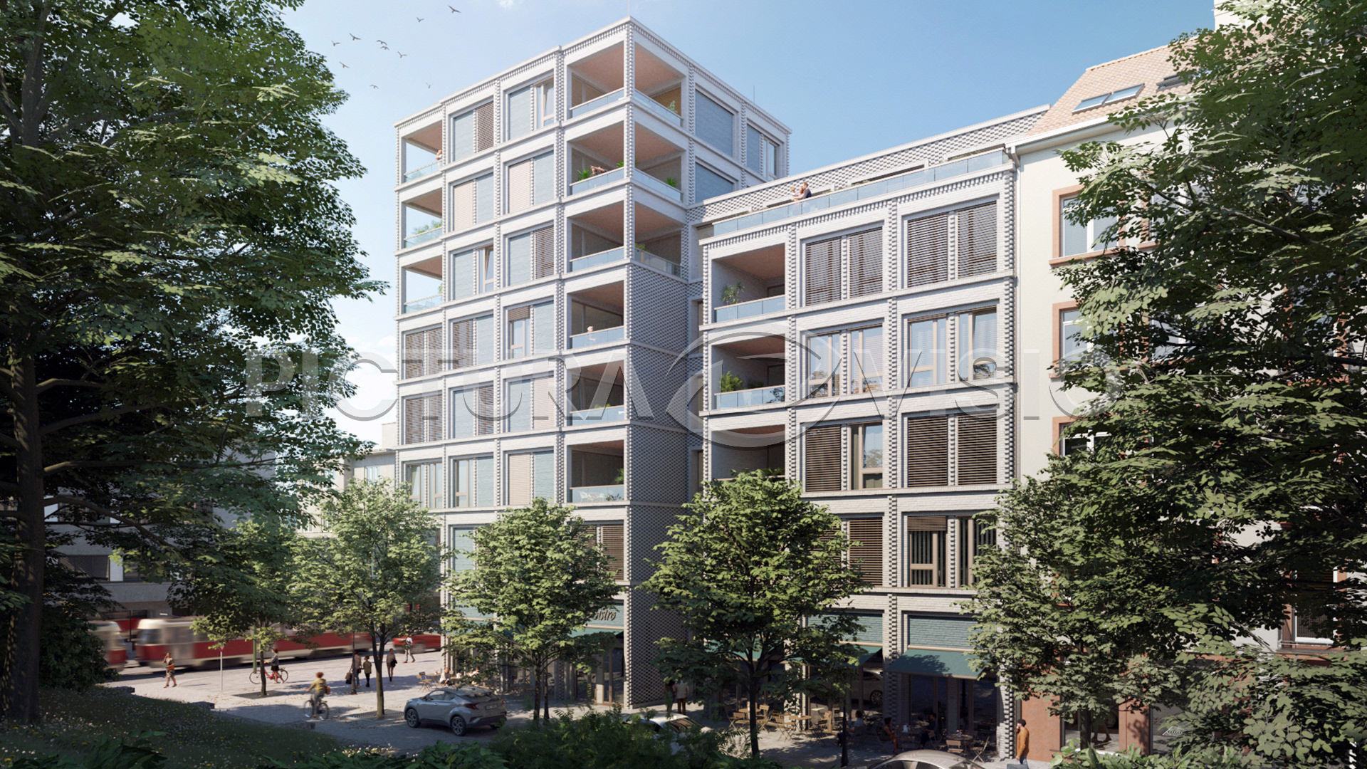 3D vizualizace polyfunkčního objektu v Praze, zachycená z pohledu sousedního parku za slunečného dne, zdůrazňující harmonii moderní architektury s přírodou.