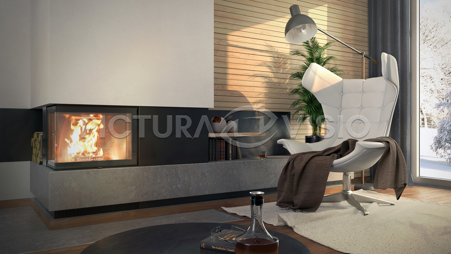 Fotorealistická 3D vizualizace moderního krbu v obývacím pokoji s minimalistickým designem a příjemnou atmosférou.