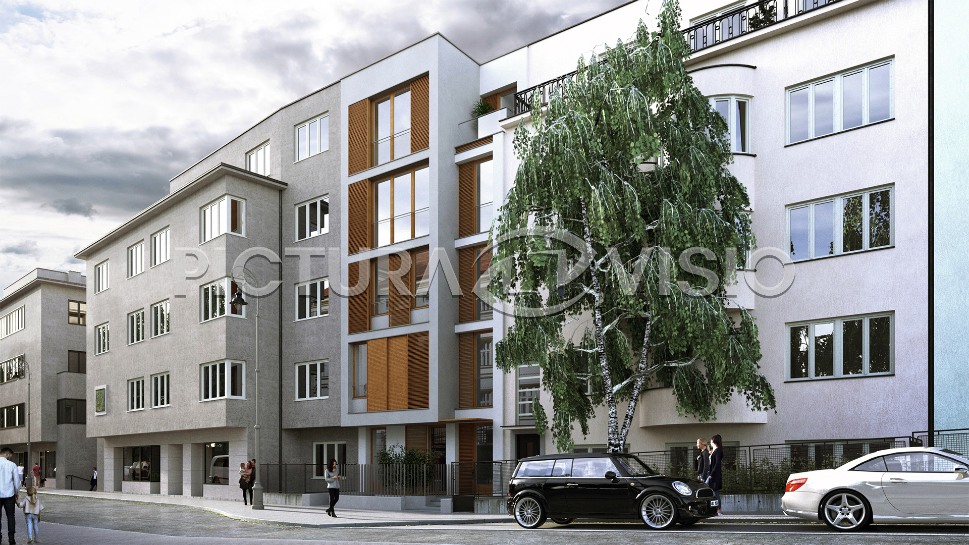 Fotorealistická 3D vizualizace bytového domu v Brně, zachycená z bočního pohledu na úzkou proluku s moderní fasádou a dřevěnými stínícími panely.