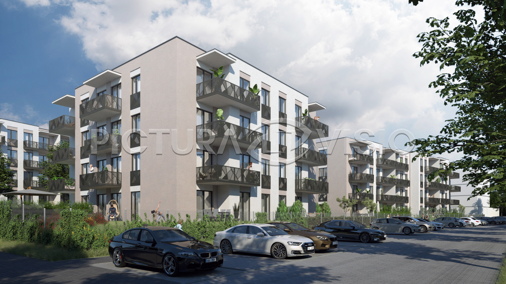 Vizualizace objektu A v rezidenční čtvrti Svatá Anna, zachycená z bočního pohledu, zdůrazňující moderní architekturu a okolní zelené plochy.