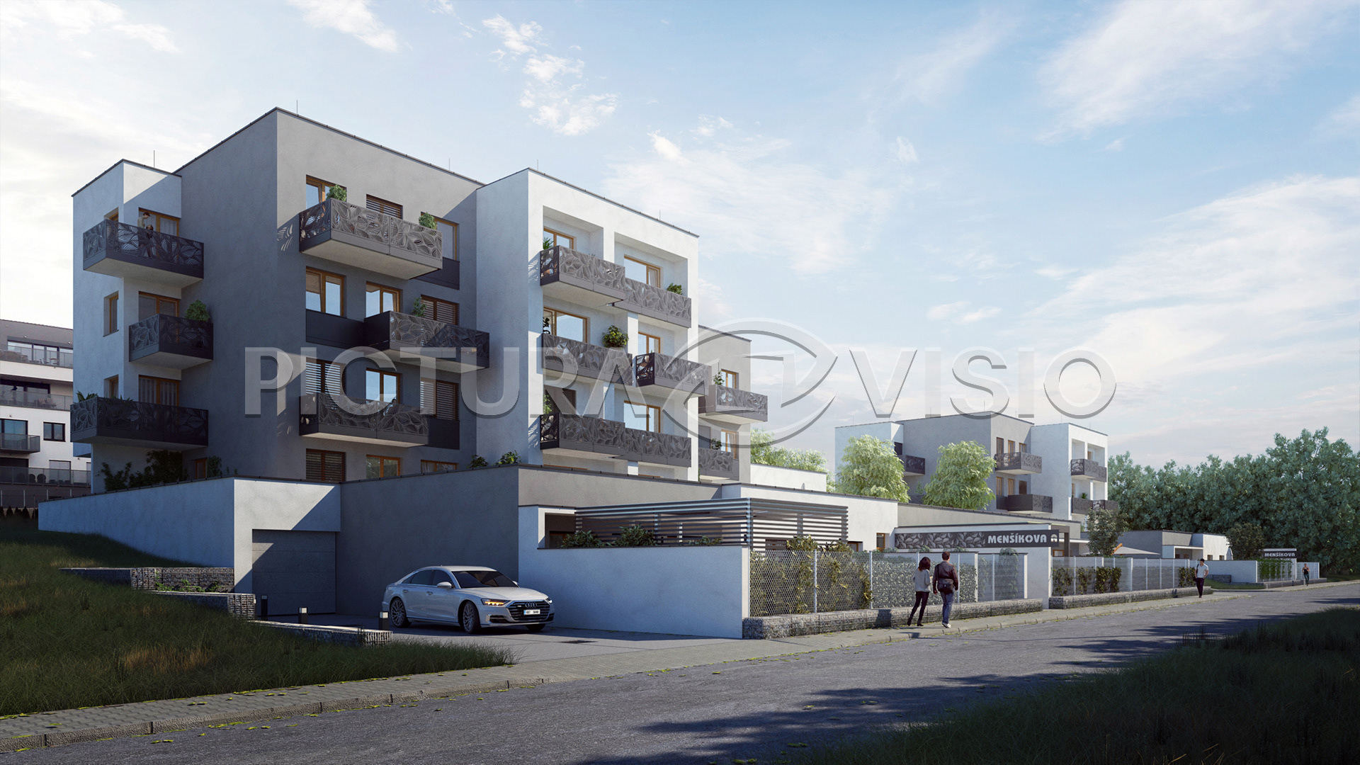 3D vizualizace bytových domů v Brně, zobrazená z pohledu příjezdové komunikace, s důrazem na městský kontext a moderní design fasády.