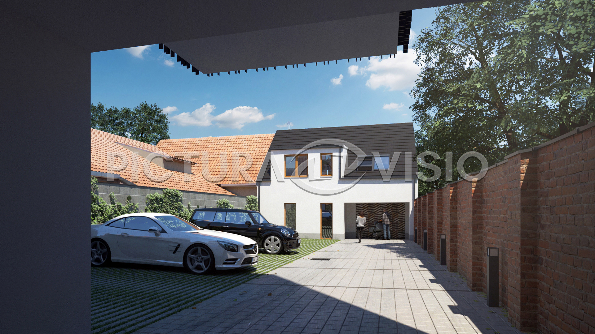 Vizualizace rodinného domu v Brně, zobrazená ze dvora, s důrazem na moderní design a propojení s okolním prostorem.