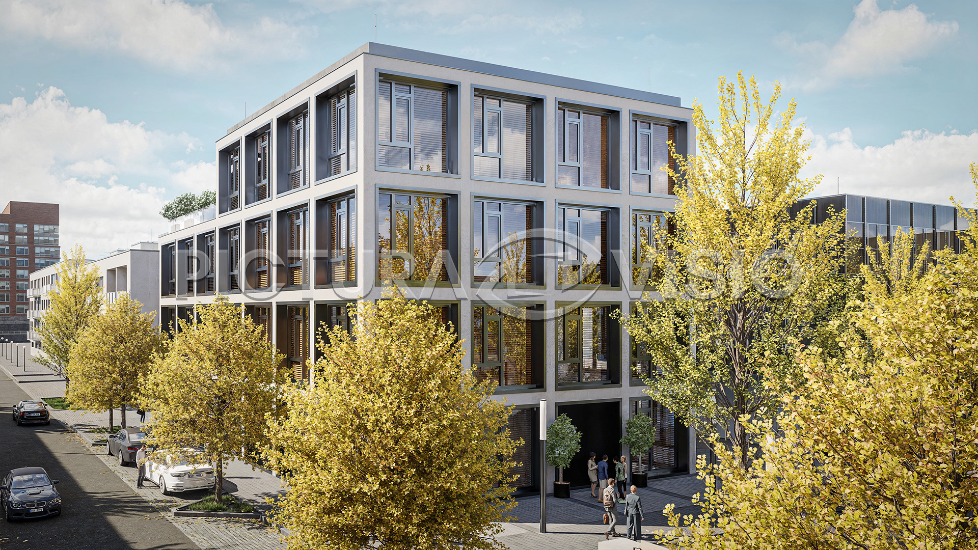 Vizualizace komerční nemovitosti v Ostravě z mírného nadhledu, zdůrazňující podzimní atmosféru a celkový vzhled moderní stavby v urbanistickém kontextu.
