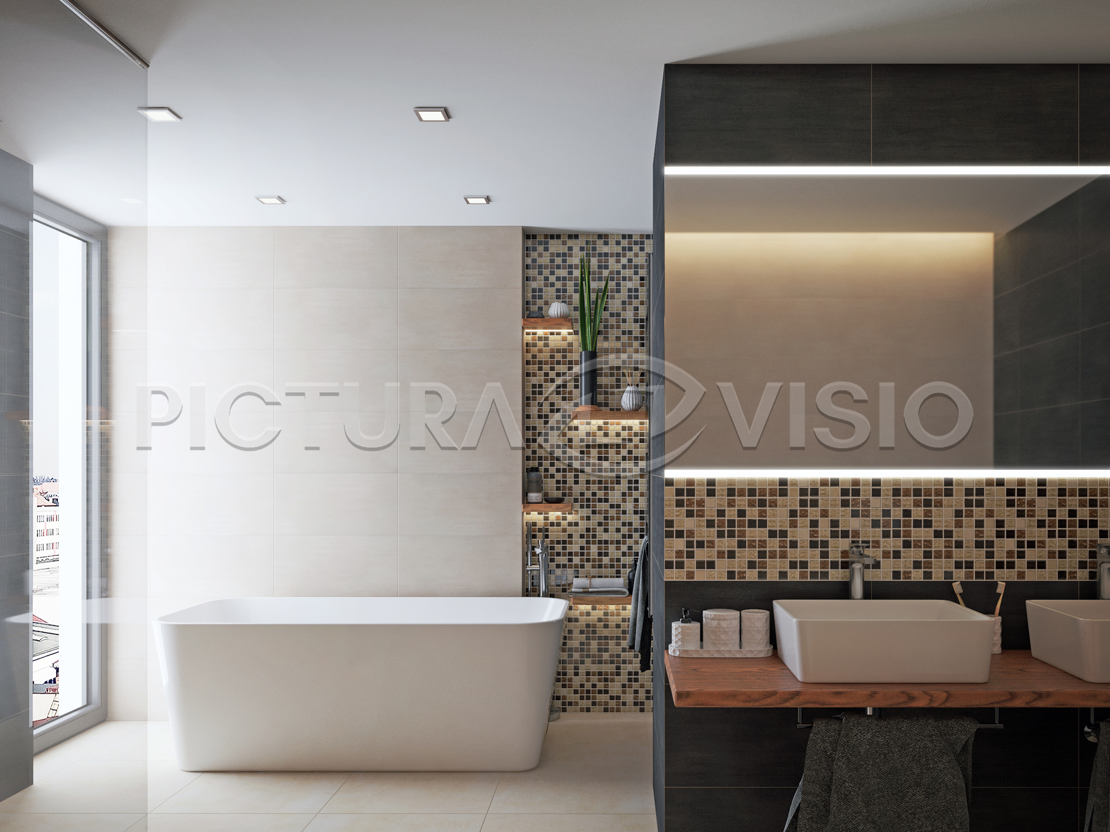 Fotorealistická 3D vizualizace moderní koupelny v Brně s volně stojící vanou, kvalitními obklady včetně mozaiky a jemným decentním osvětlením, které vytváří útulnou atmosféru.
