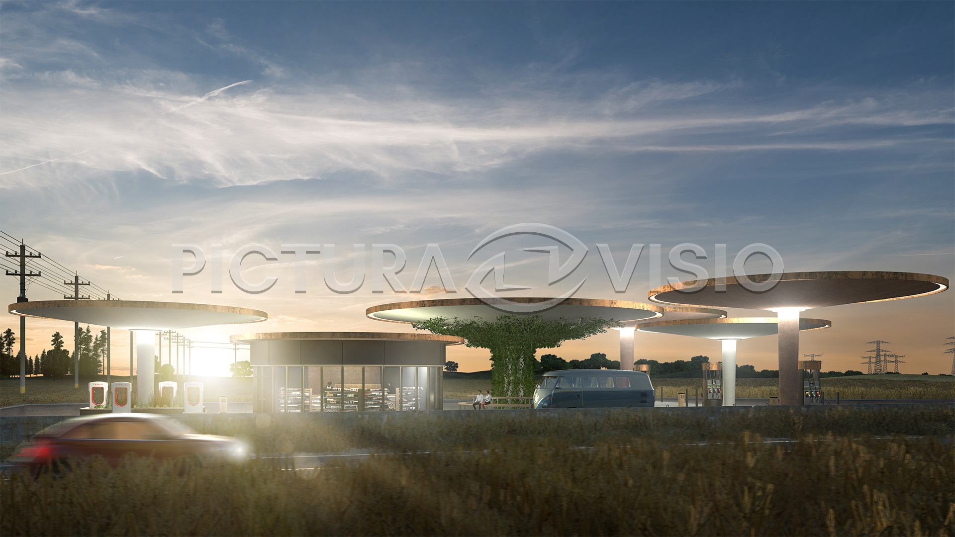 Fotorealistická 3D vizualizace čerpací stanice v Jihomoravském kraji, zachycená od silnice během vyprahlého léta, obklopená poli těsně před sklizní.